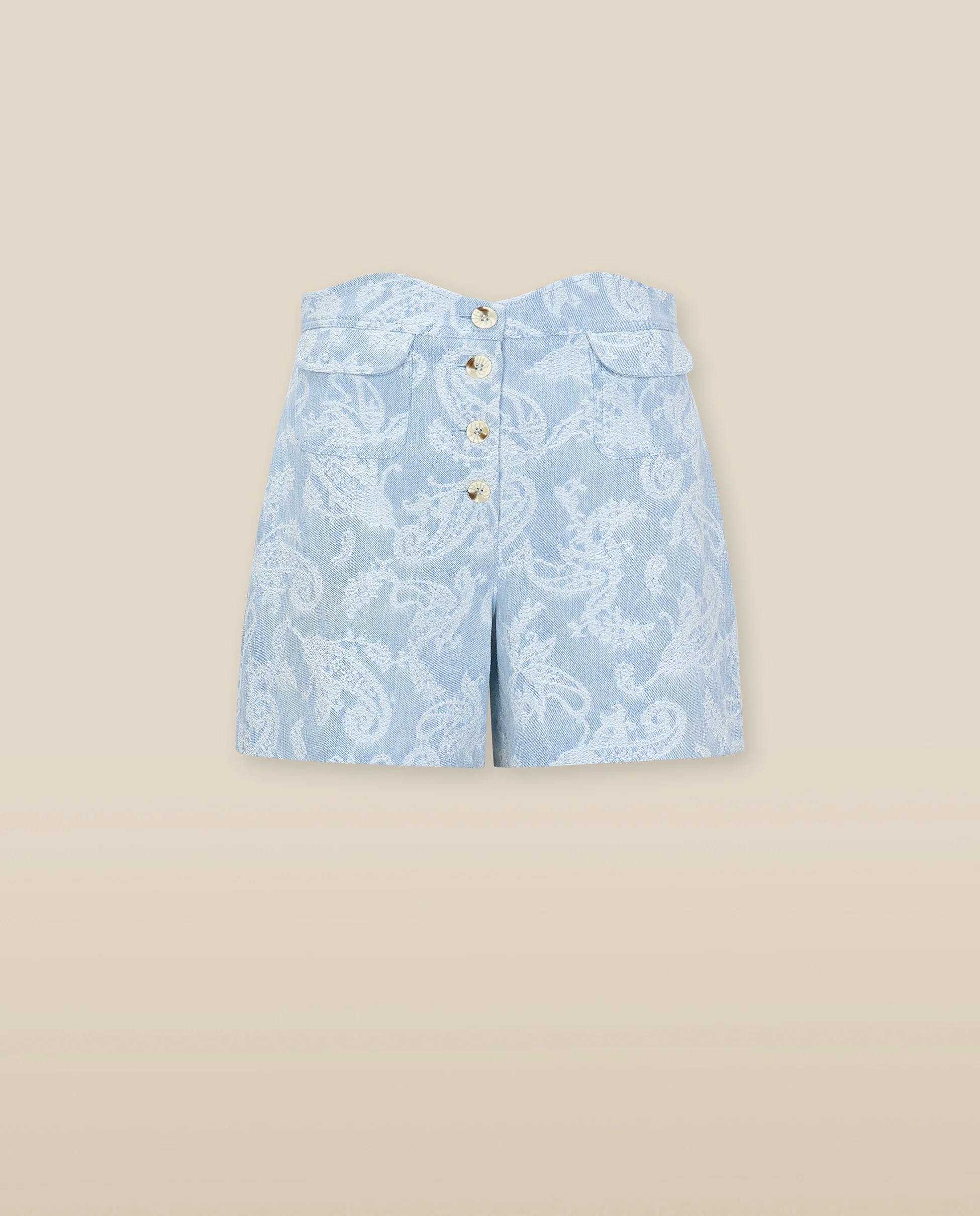 AARYA | Pale Denim Blue Paisley Cotton Shorts - Image 7