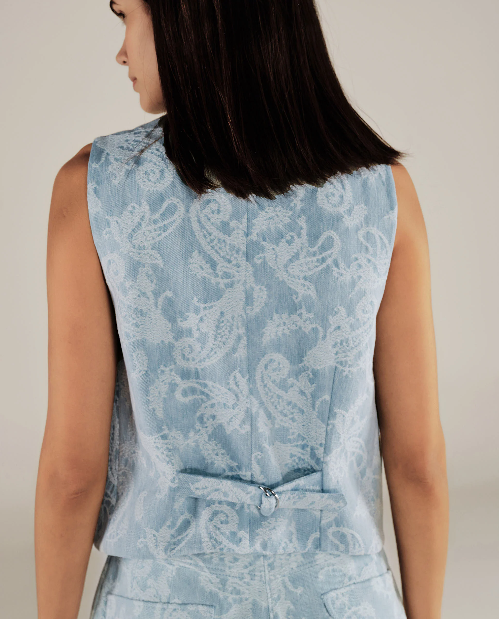 AARYA | Pale Denim Blue Paisley Cotton Waistcoat - Image 3
