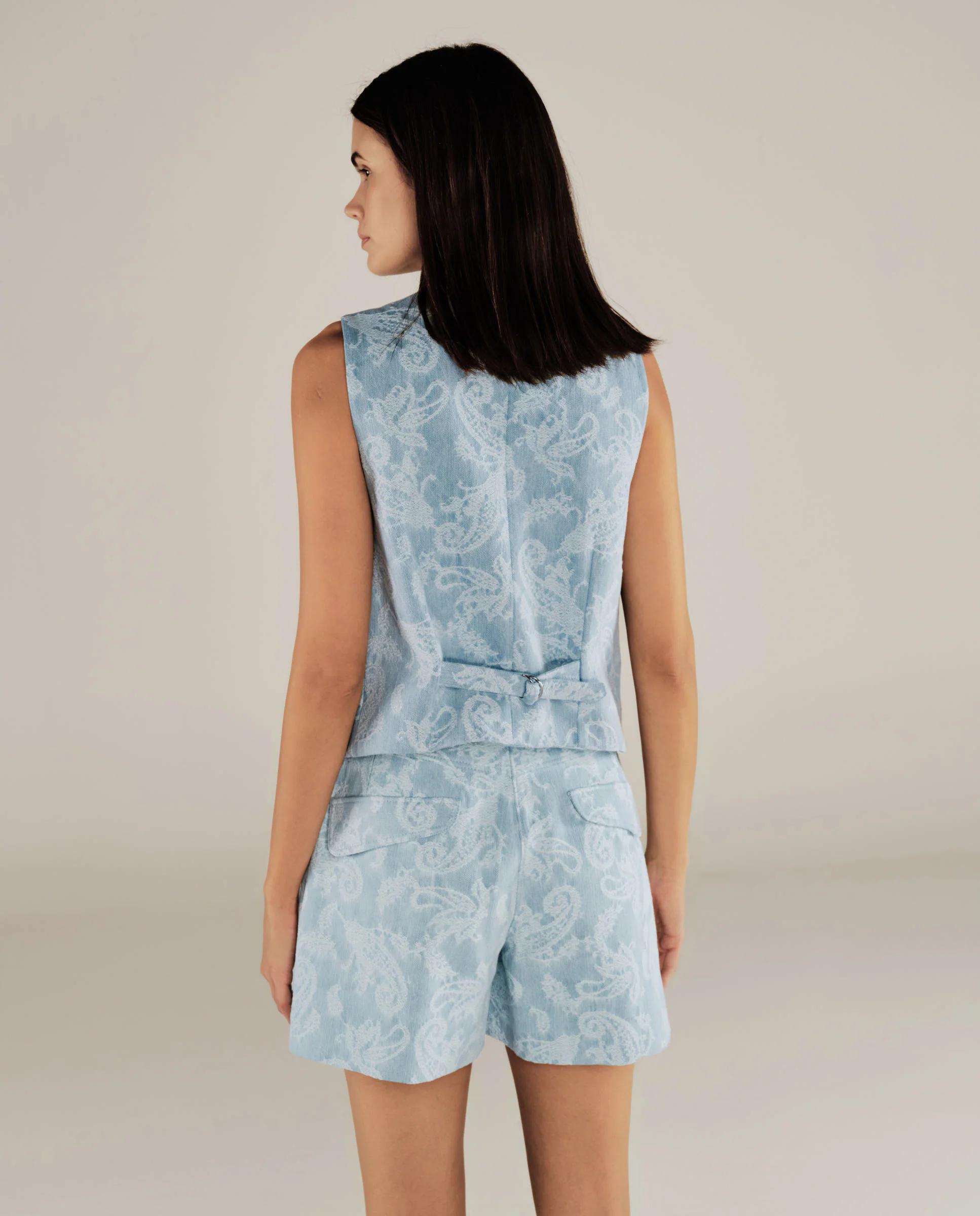 AARYA | Pale Denim Blue Paisley Cotton Waistcoat - Image 4
