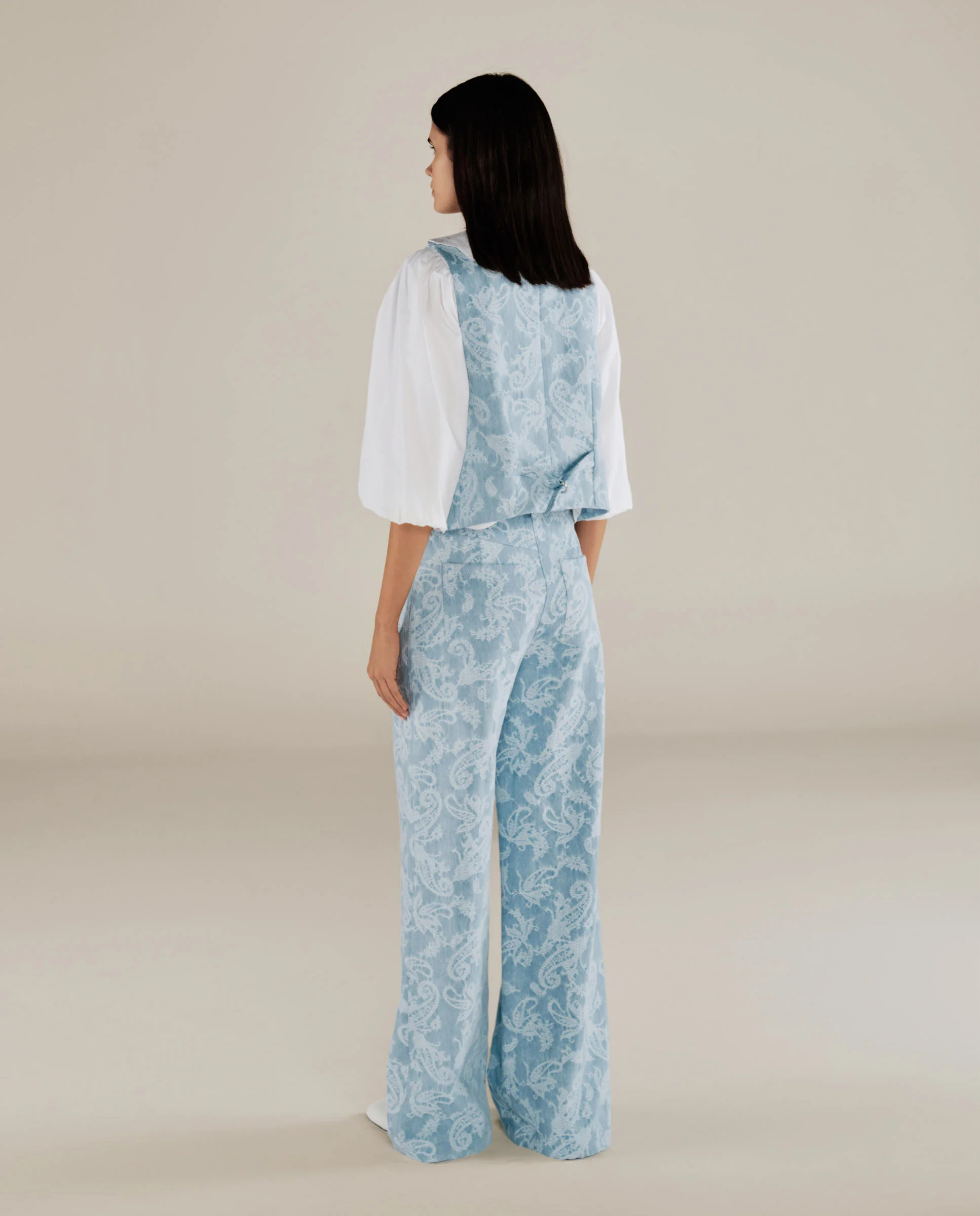 AARYA | Pale Denim Blue Wide-Leg Paisley Cotton Trousers - Image 2