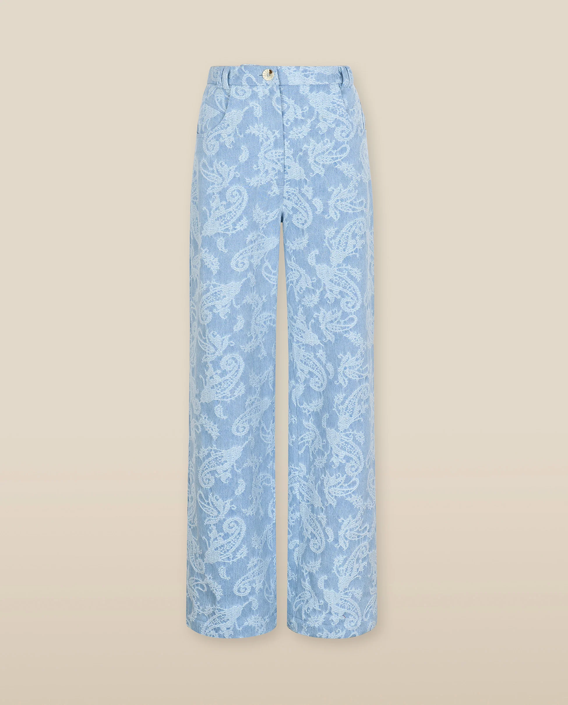 AARYA | Pale Denim Blue Wide-Leg Paisley Cotton Trousers - Image 3