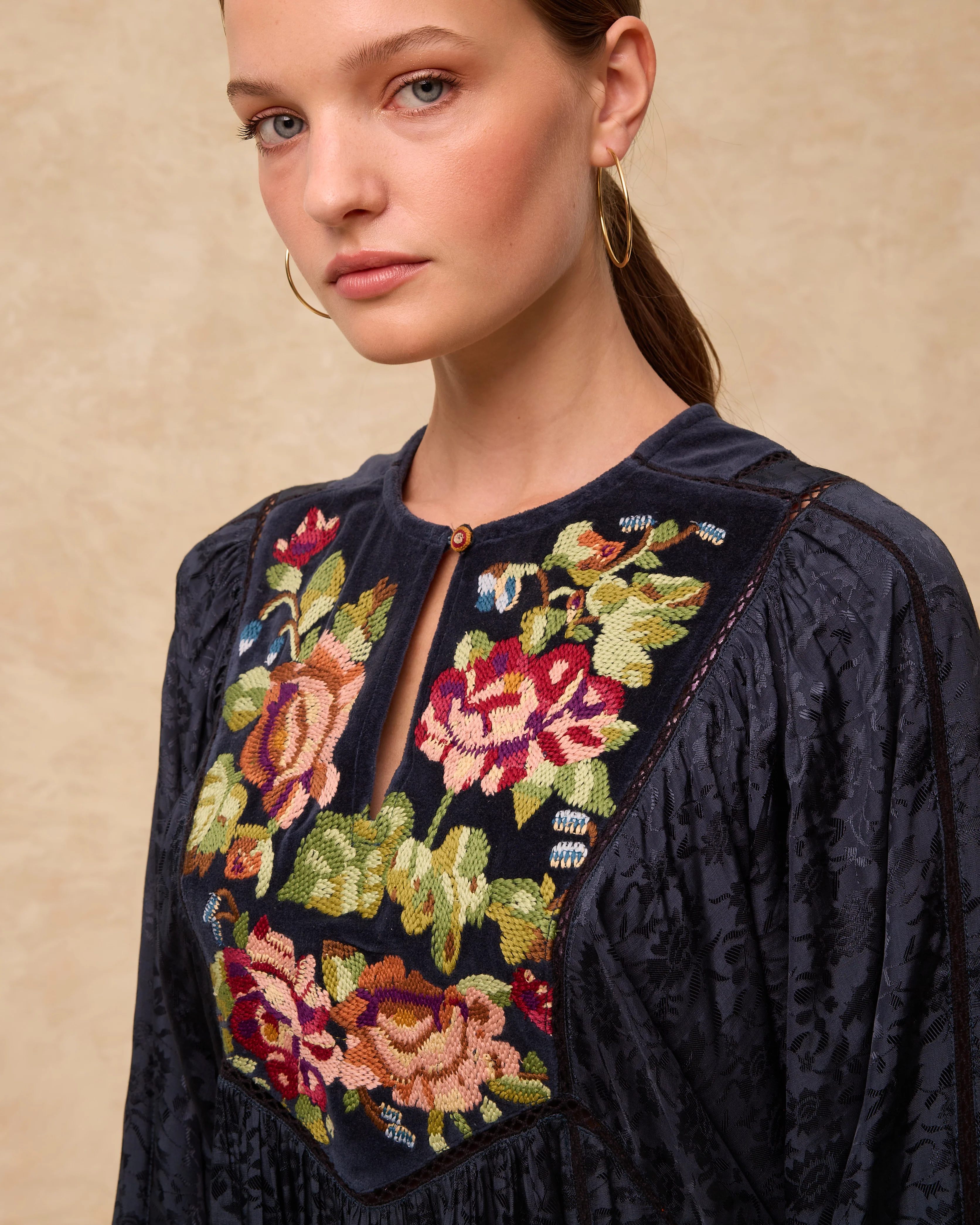 AMAL | Anthracite Embroidered Jacquard Midi Dress - Image 2