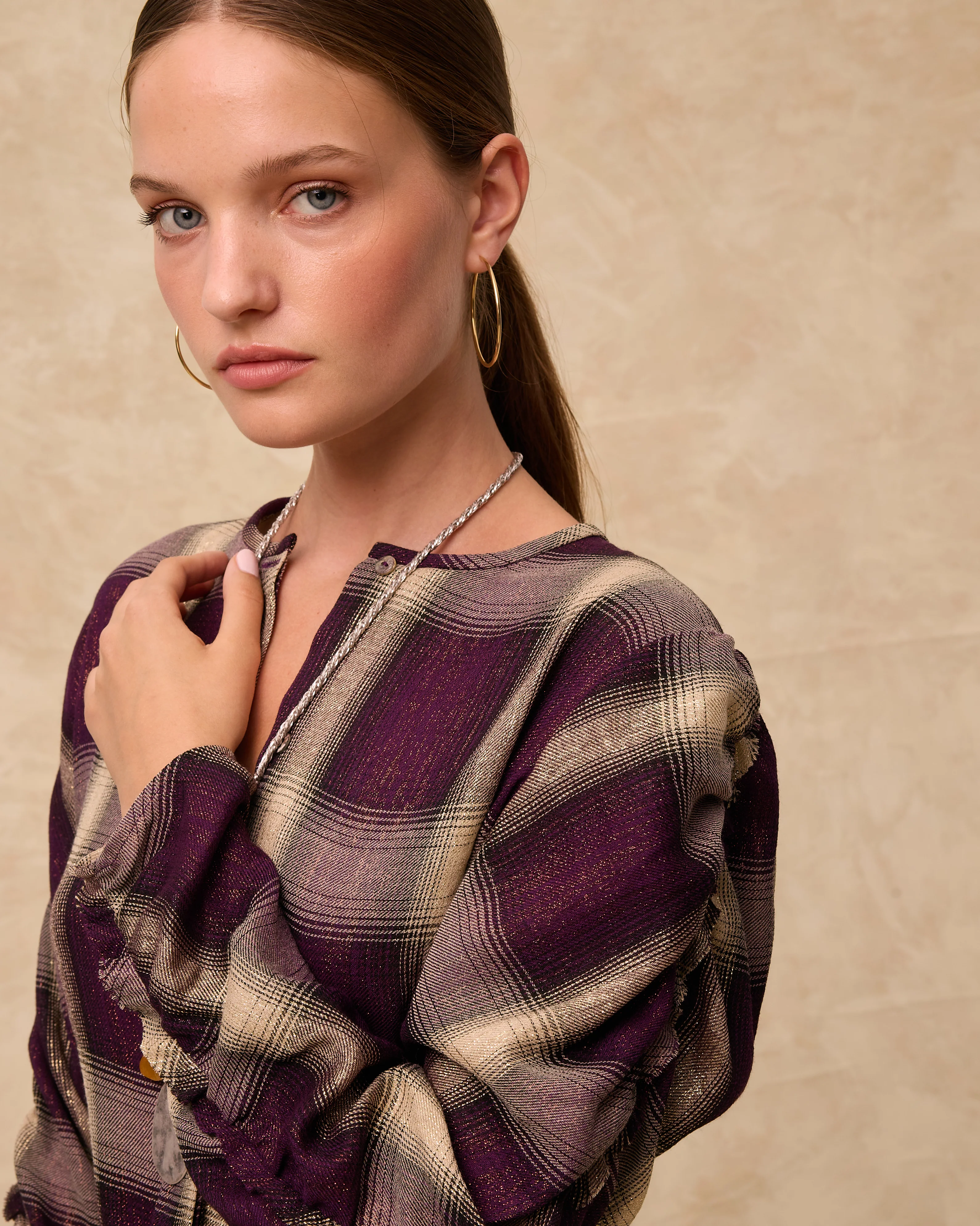 ARIANNE | Aubergine Check Blouse - Image 2