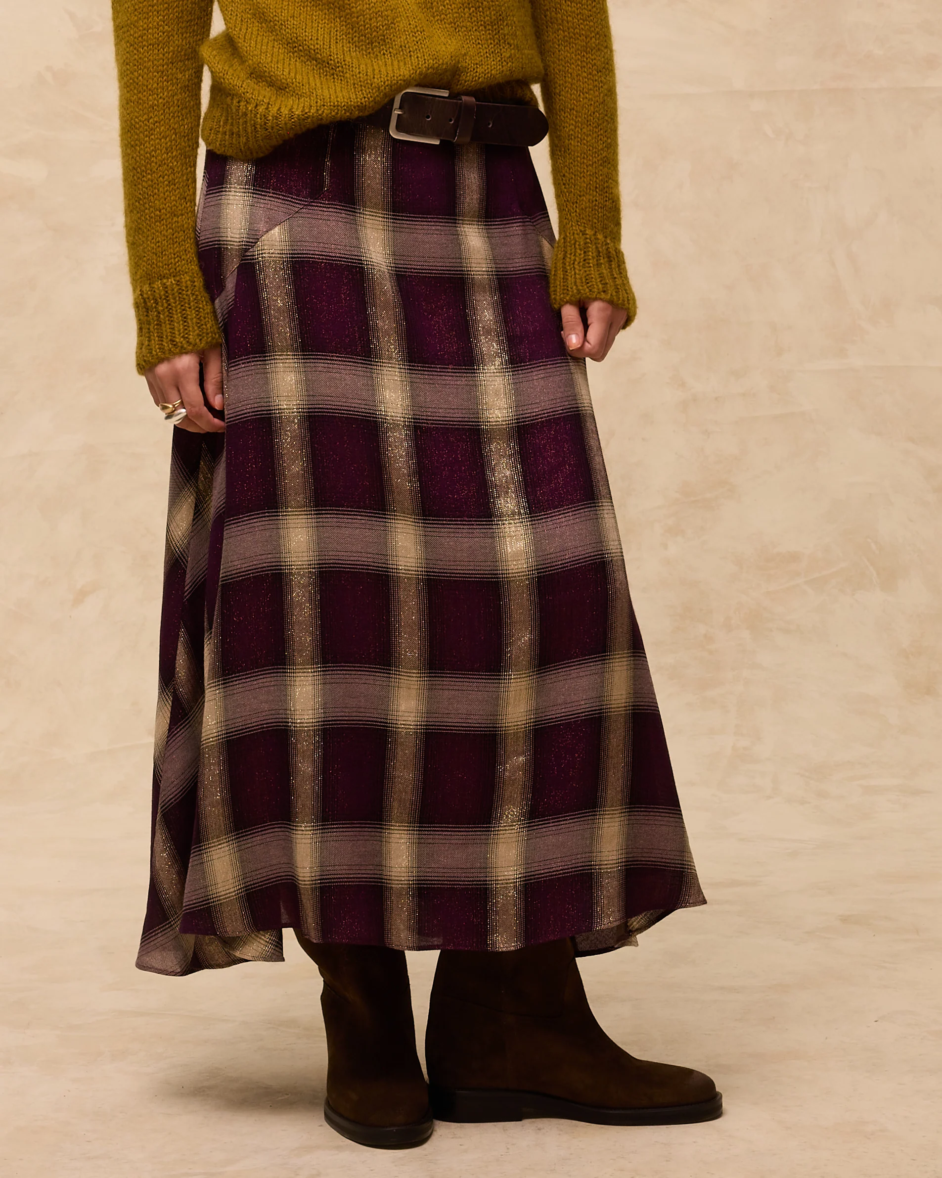 ARIANNE | Aubergine Check Midi Skirt - Image 2