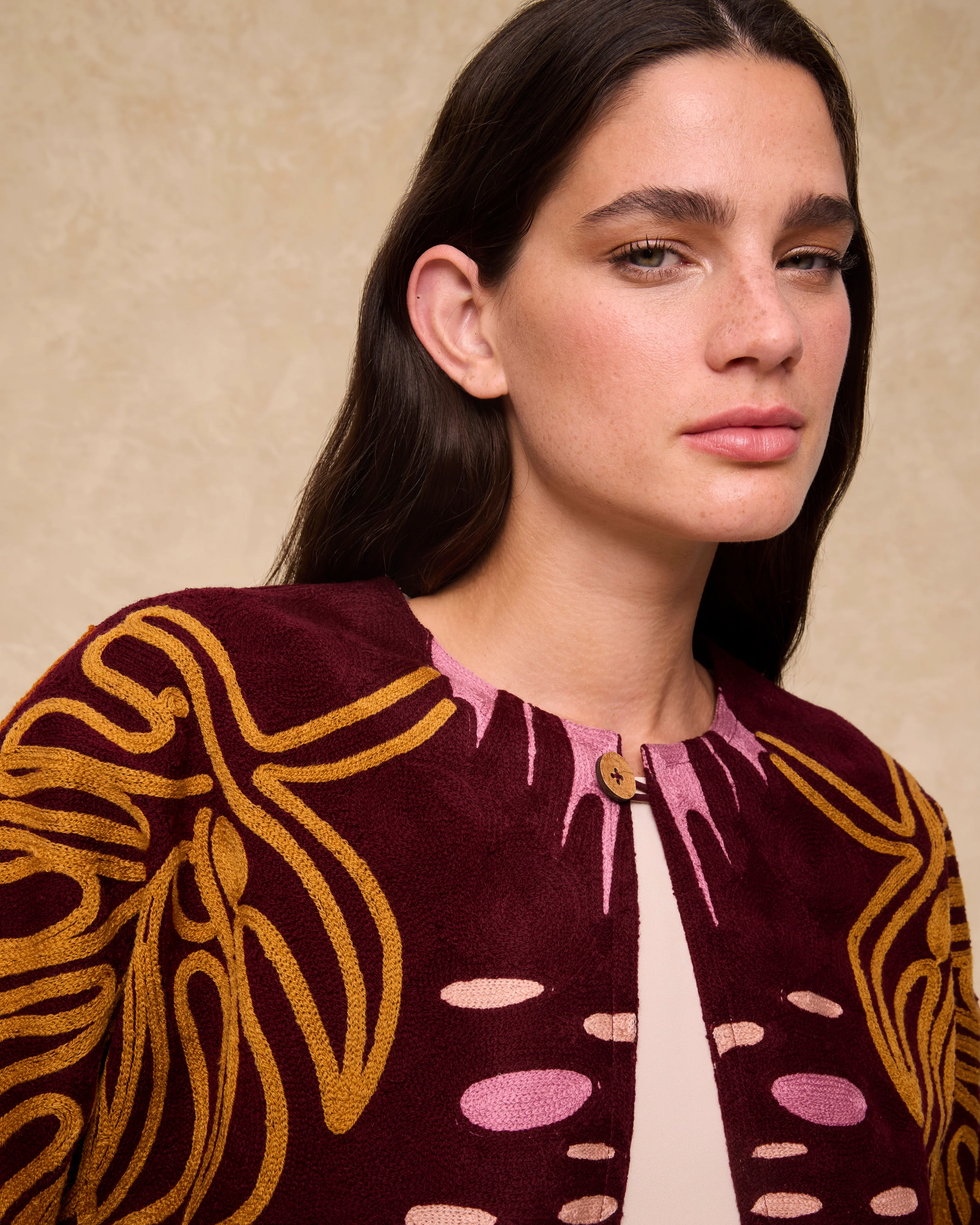 ARRECIFE | Burgundy Embroidered Cotton Coat - Image 5
