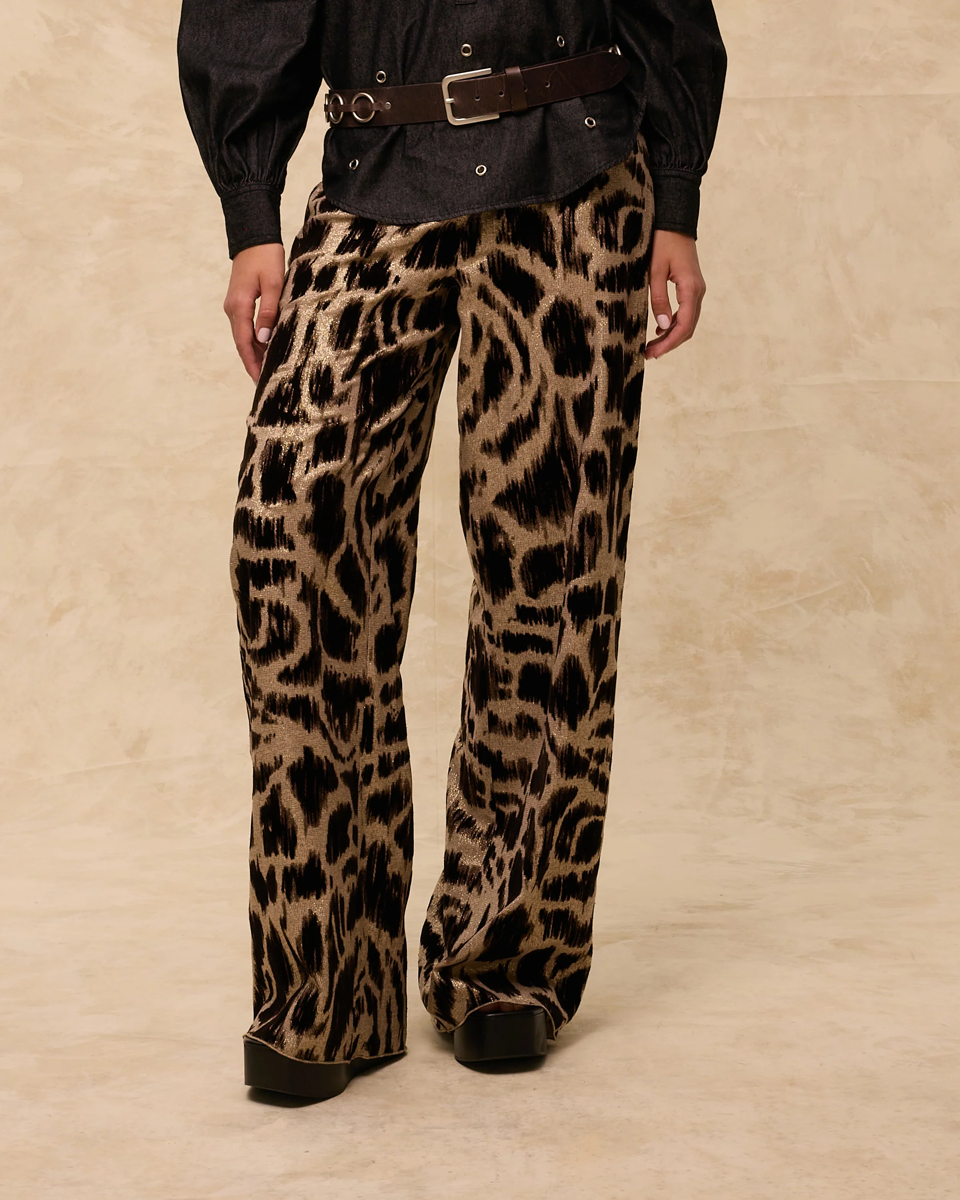 BEDUINA | Gold Leopard Jacquard Wide-Leg Trousers - Image 3