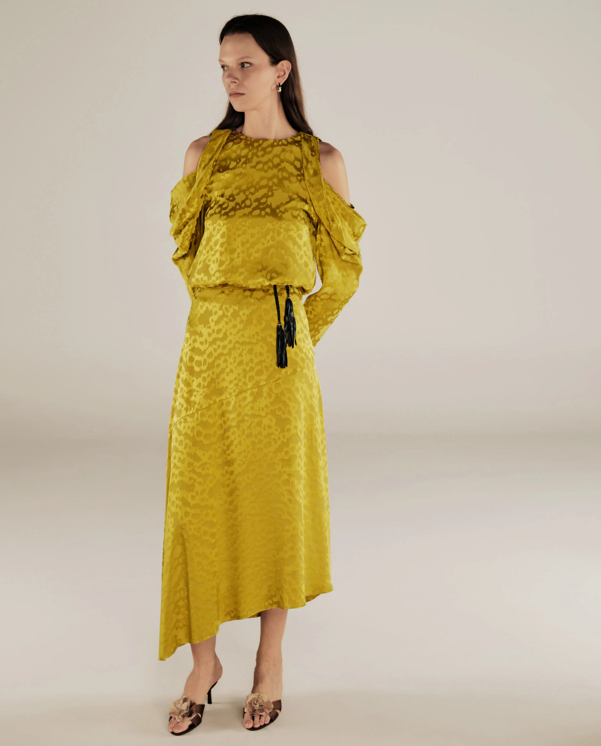 BHAKTI | Chartreuse Yellow Jacquard Leopard Print Asymmetric Skirt - Image 2