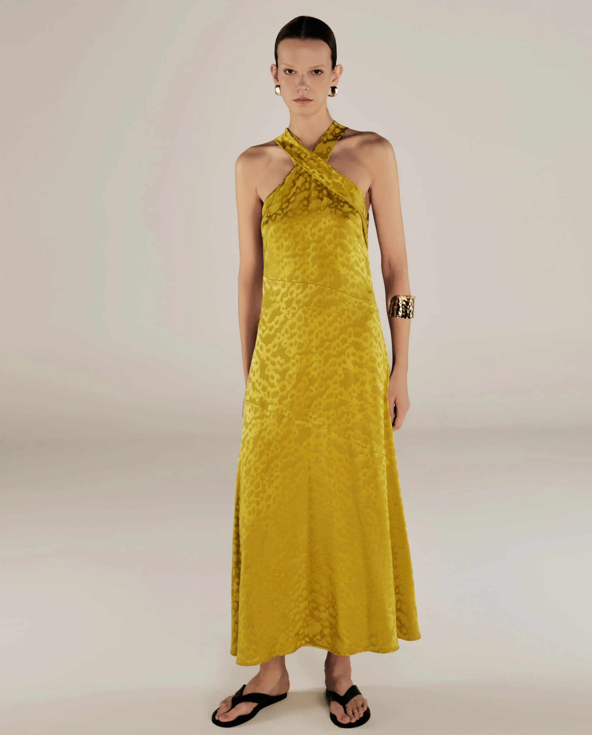 BHAKTI | Chartreuse Yellow Jacquard Leopard Print Midi Dress - Image 2