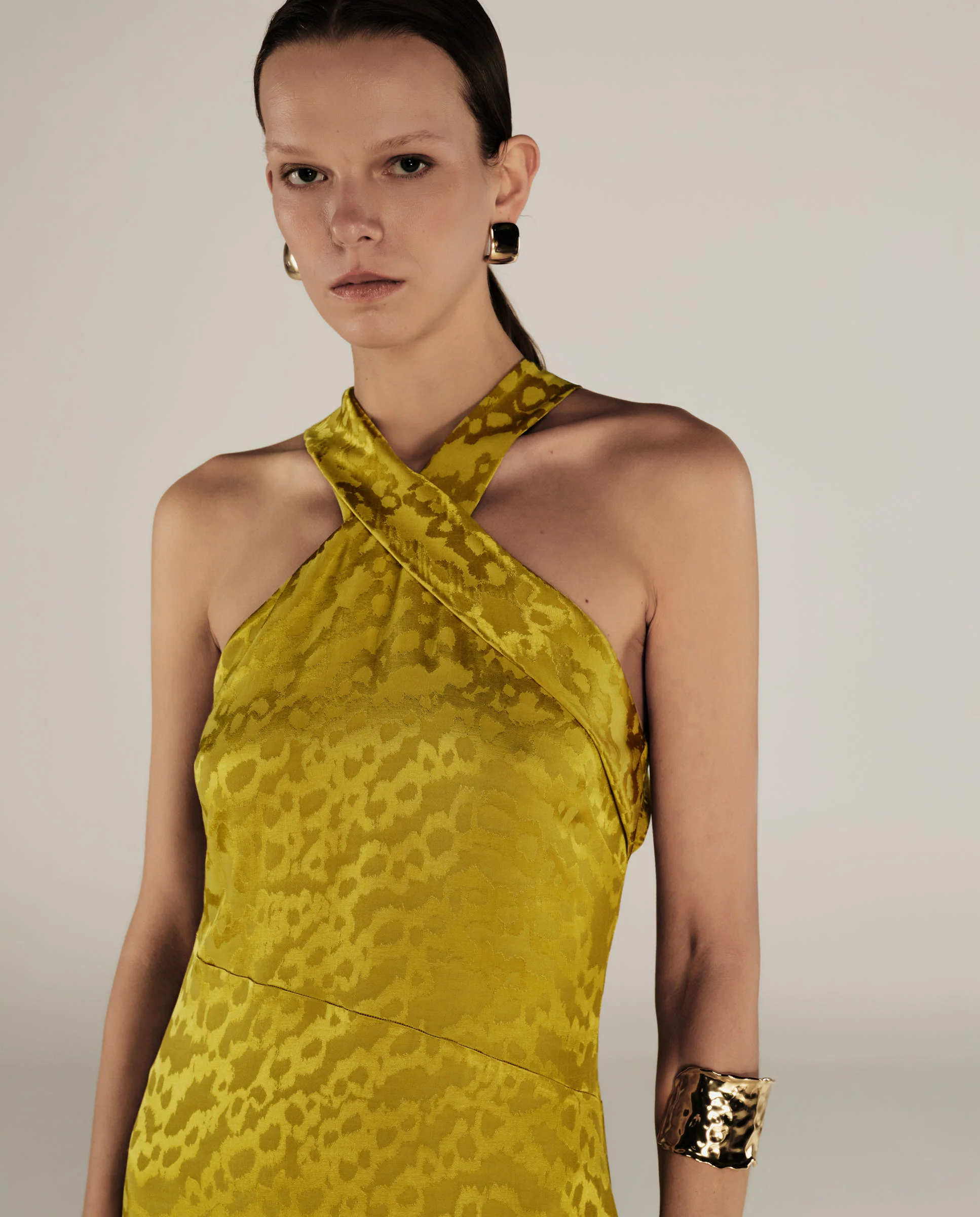 BHAKTI | Chartreuse Yellow Jacquard Leopard Print Midi Dress - Image 3