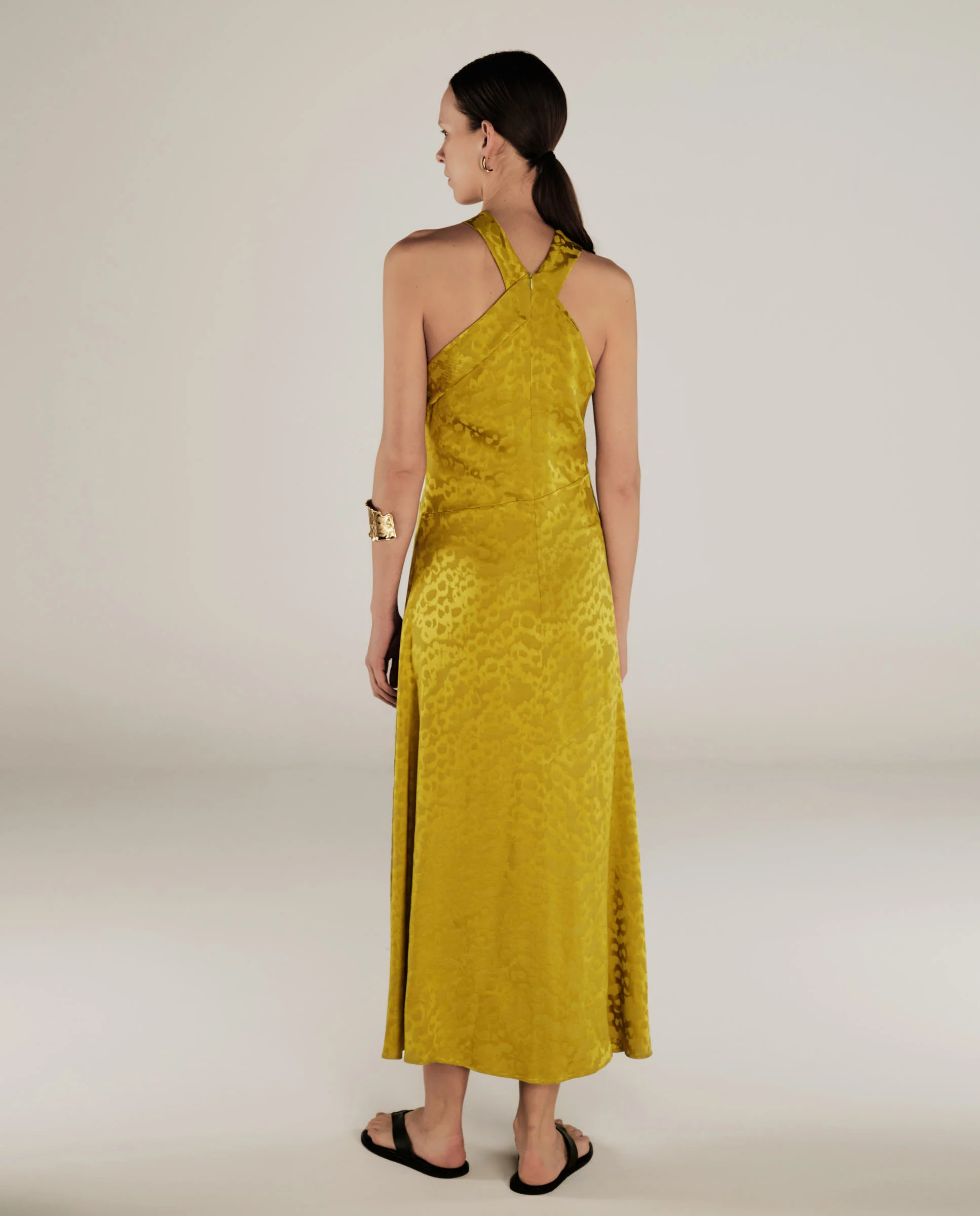 BHAKTI | Chartreuse Yellow Jacquard Leopard Print Midi Dress - Image 4