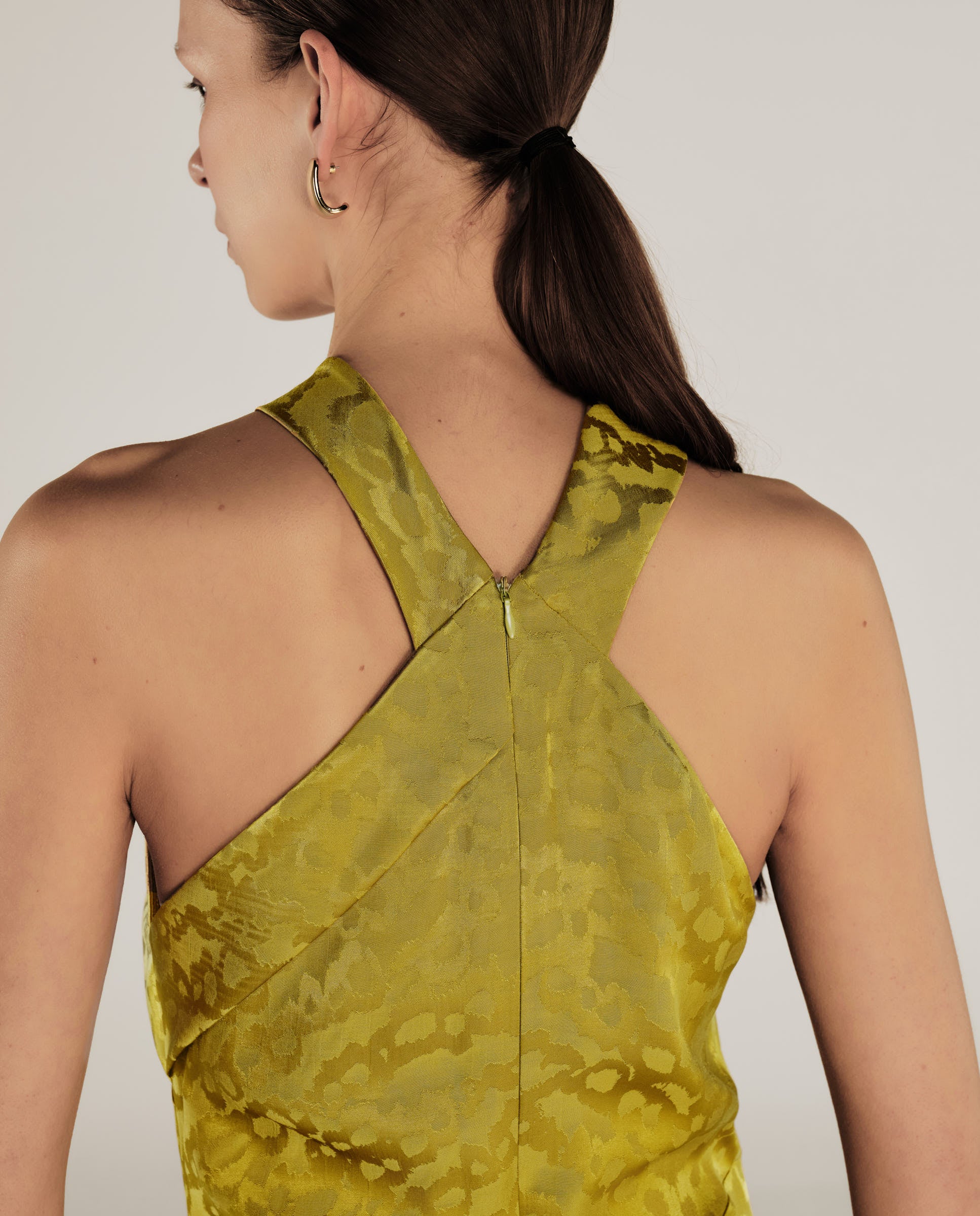 BHAKTI | Chartreuse Yellow Jacquard Leopard Print Midi Dress - Image 5