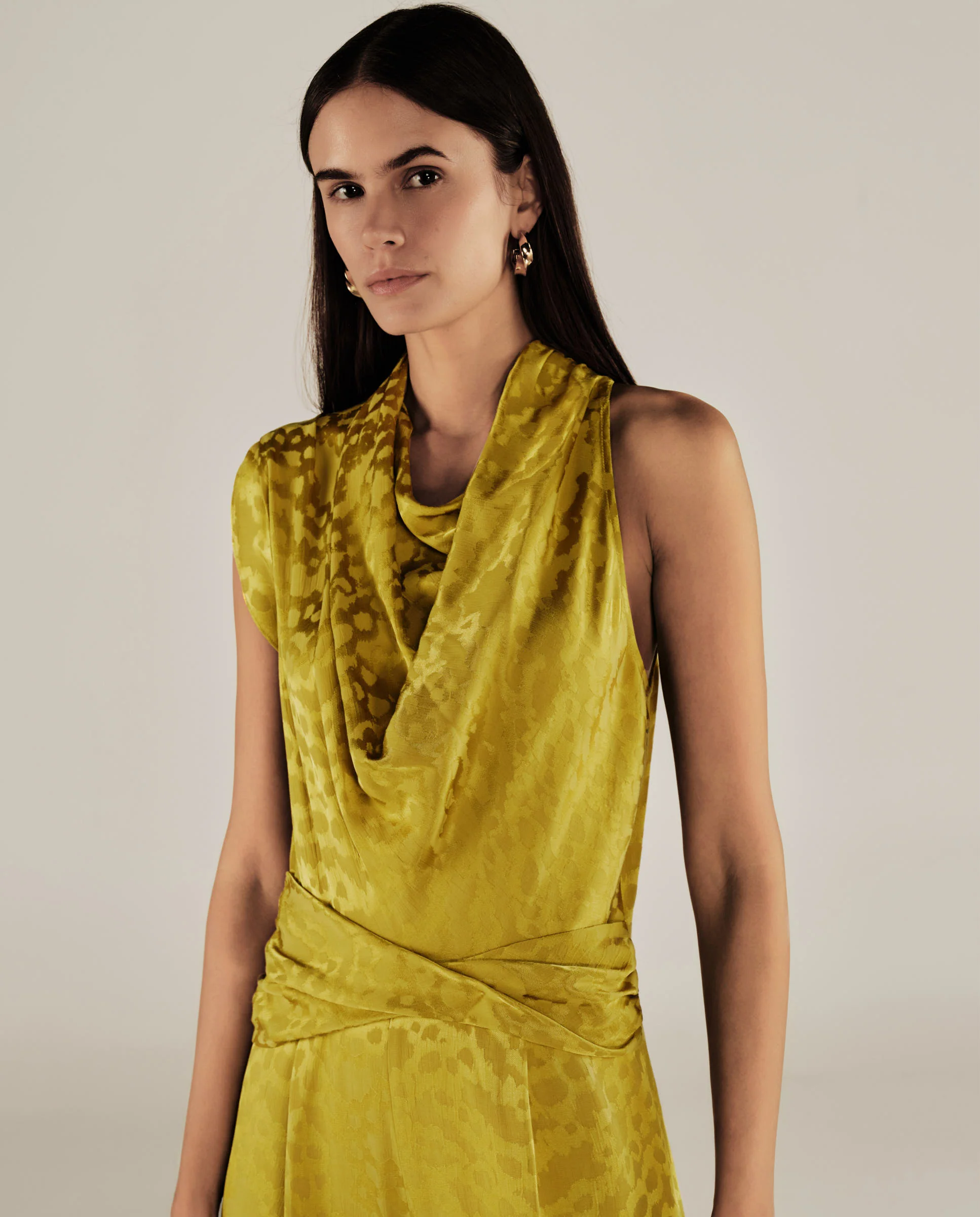 BHAKTI | Chartreuse Yellow Jacquard Leopard Print Sleeveless Jumpsuit - Image 3