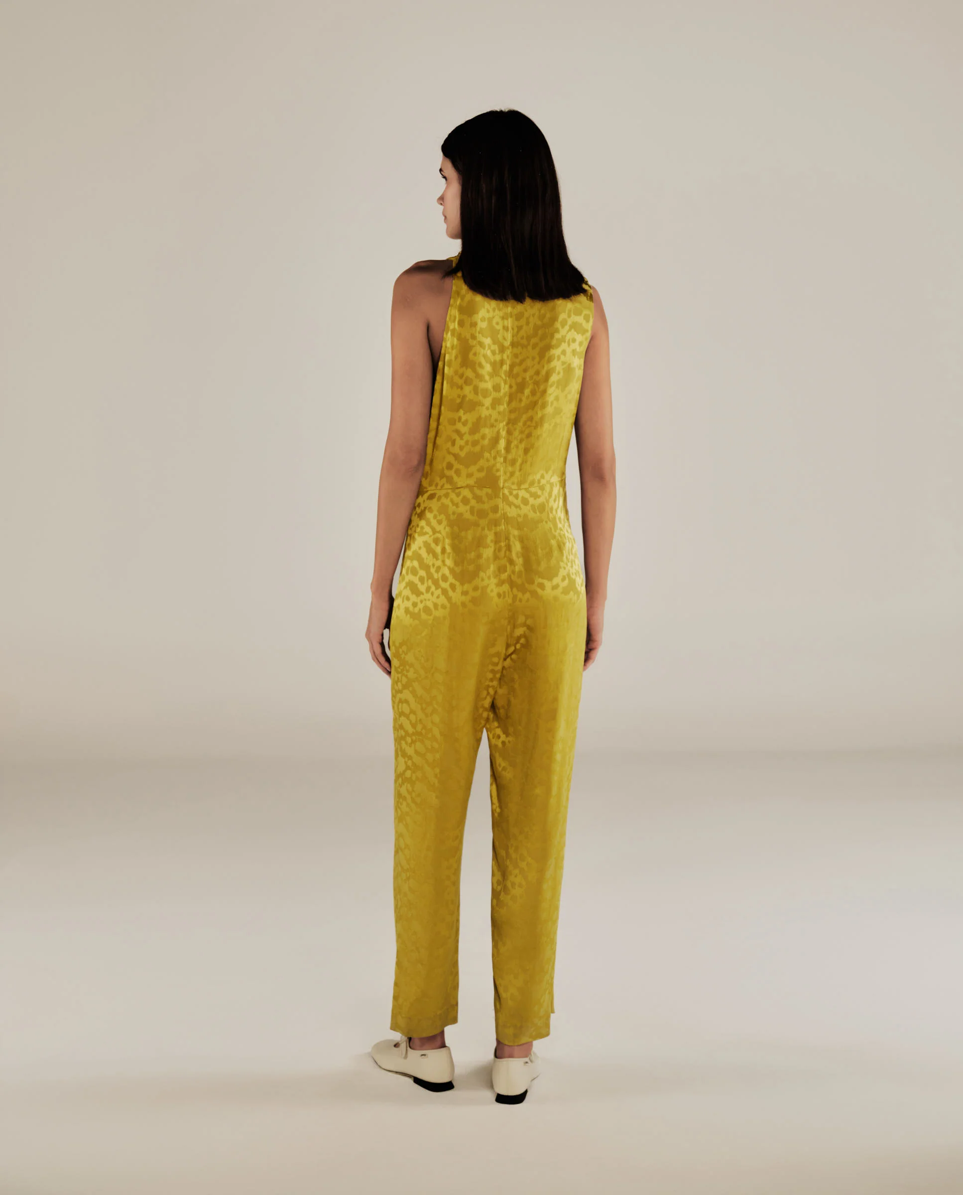 BHAKTI | Chartreuse Yellow Jacquard Leopard Print Sleeveless Jumpsuit - Image 4