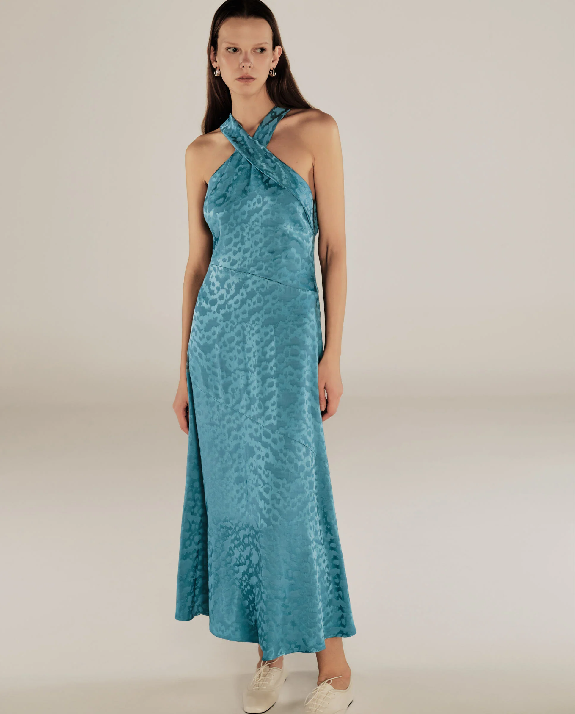 BHAKTI | Turquoise Blue Jacquard Leopard Print Midi Dress - Image 2