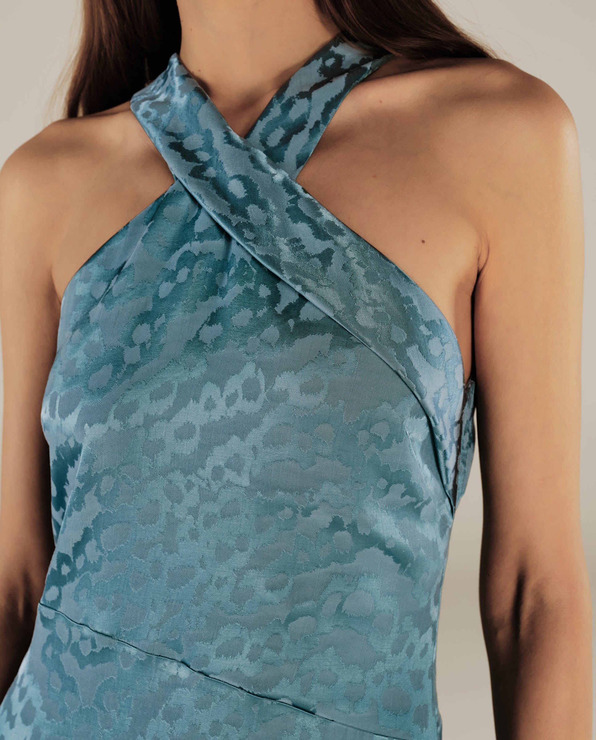 BHAKTI | Turquoise Blue Jacquard Leopard Print Midi Dress - Image 3