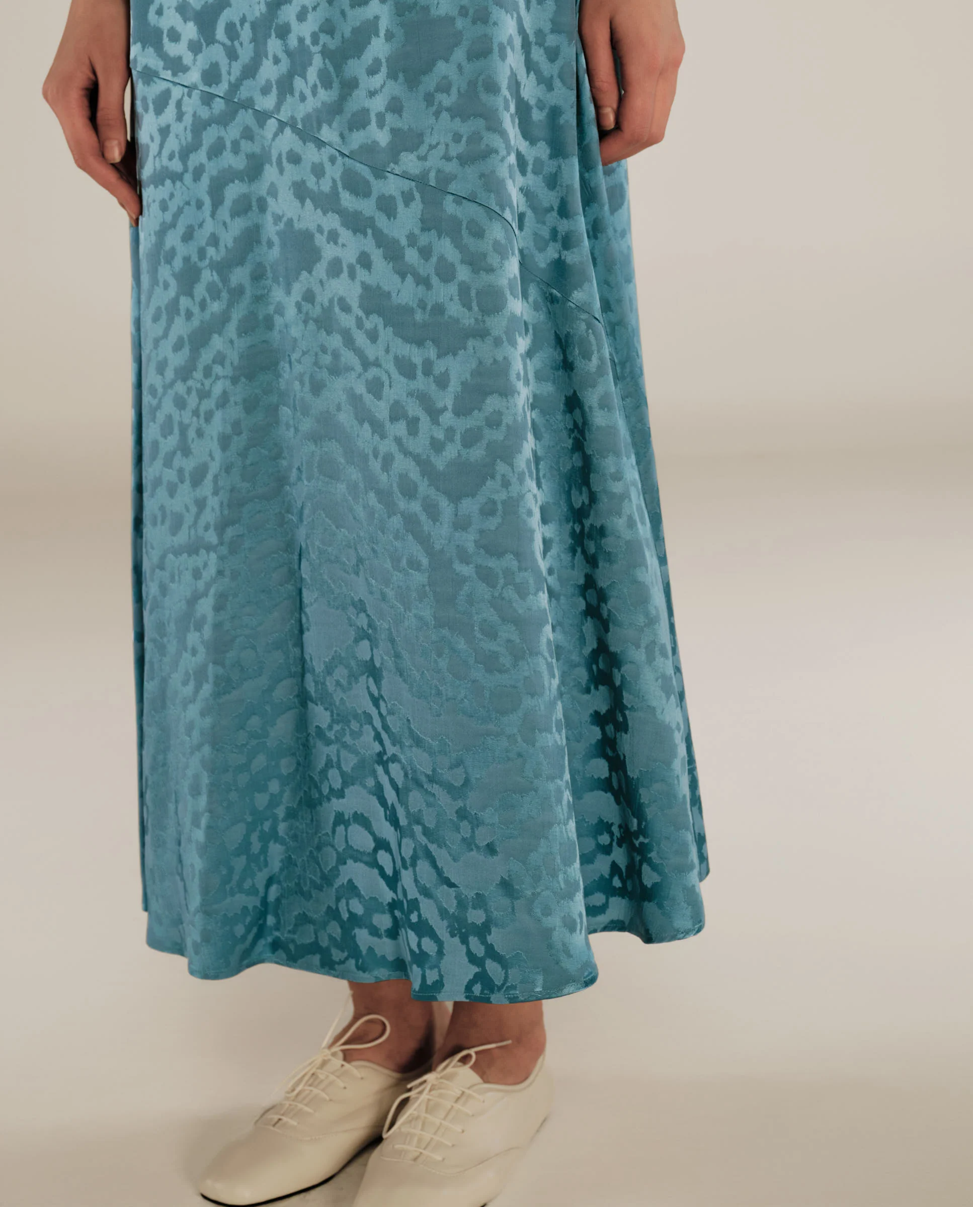 BHAKTI | Turquoise Blue Jacquard Leopard Print Midi Dress - Image 4