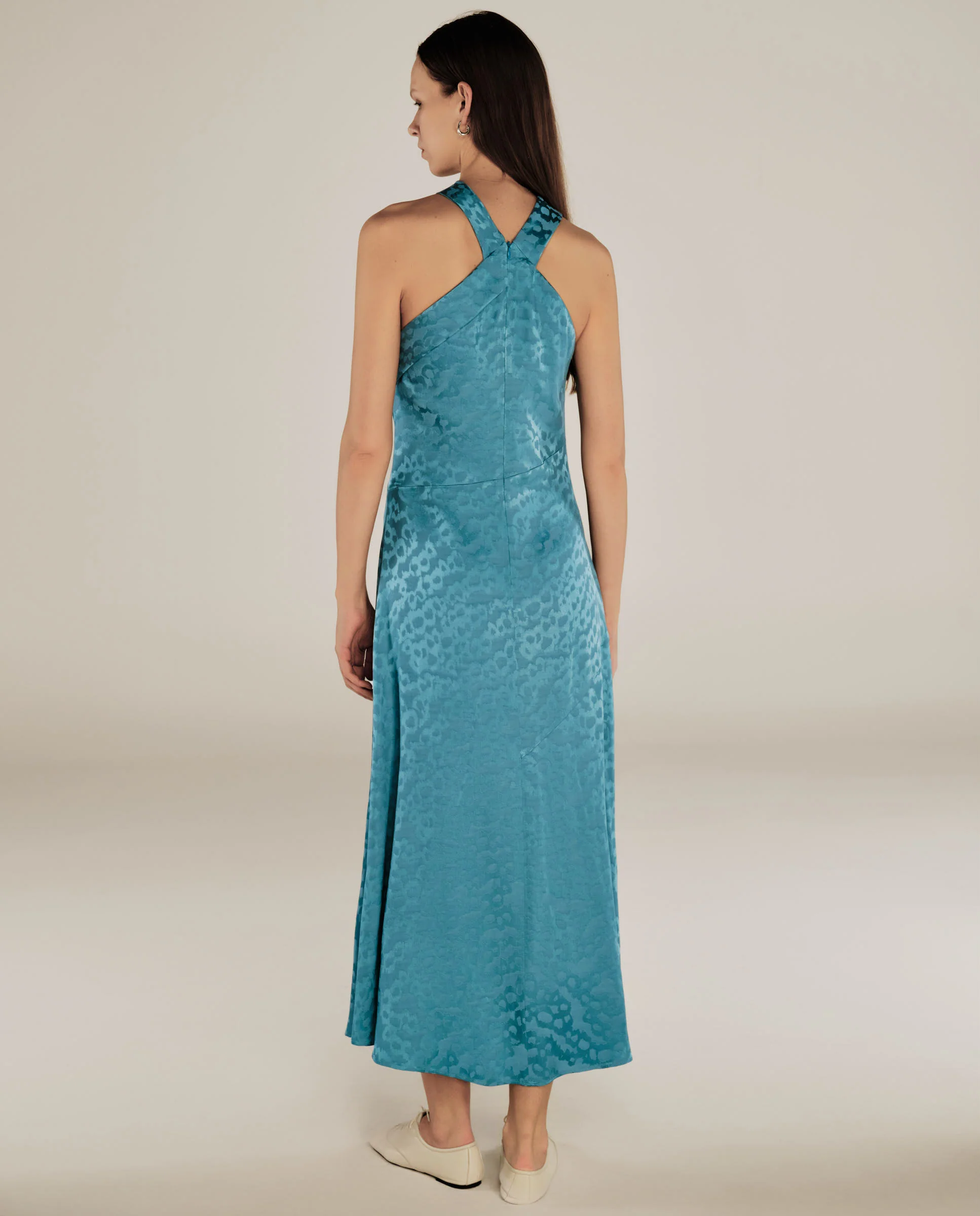 BHAKTI | Turquoise Blue Jacquard Leopard Print Midi Dress - Image 5
