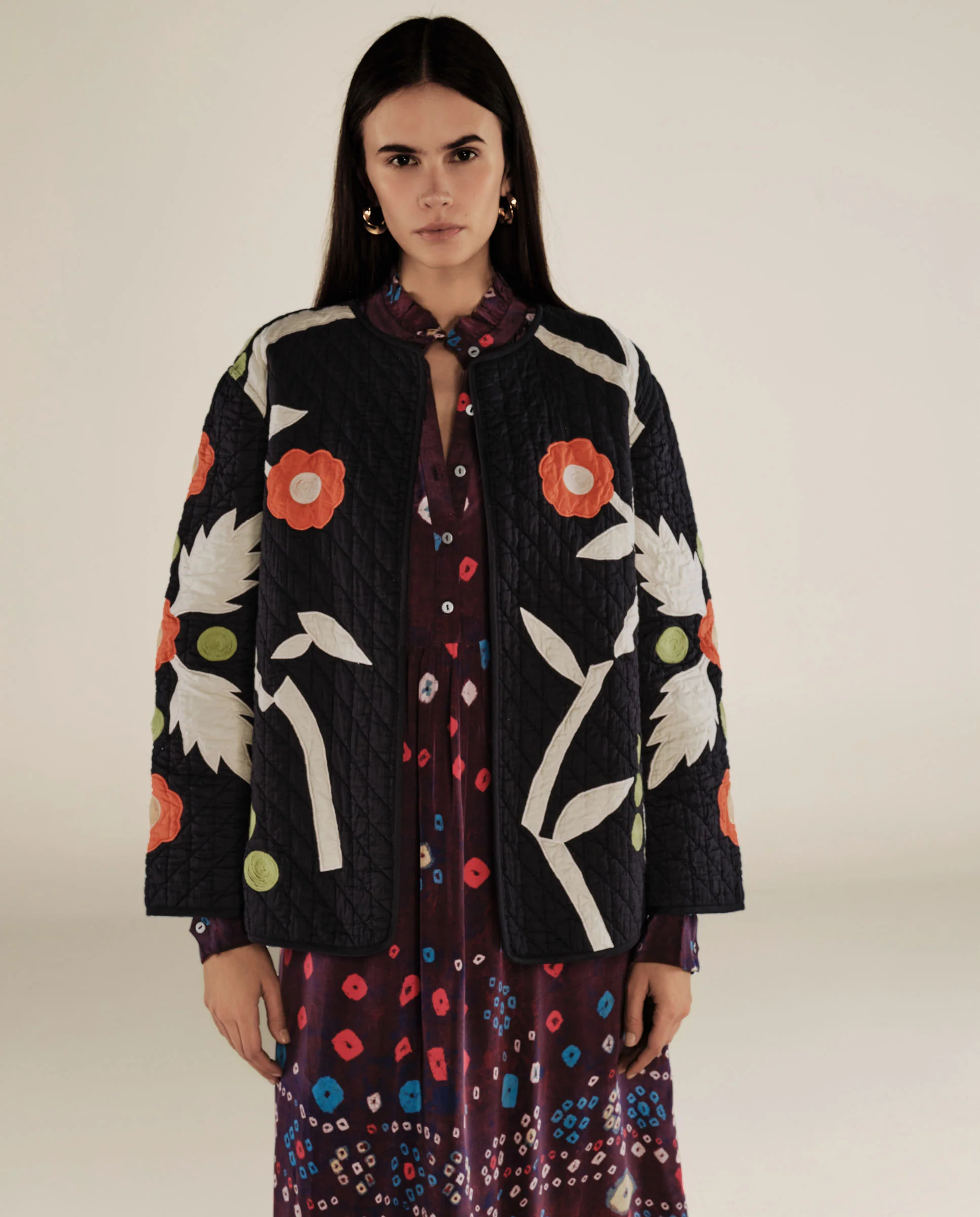 BLOSSOM | Black Floral Applique Cotton Jacket - Image 2