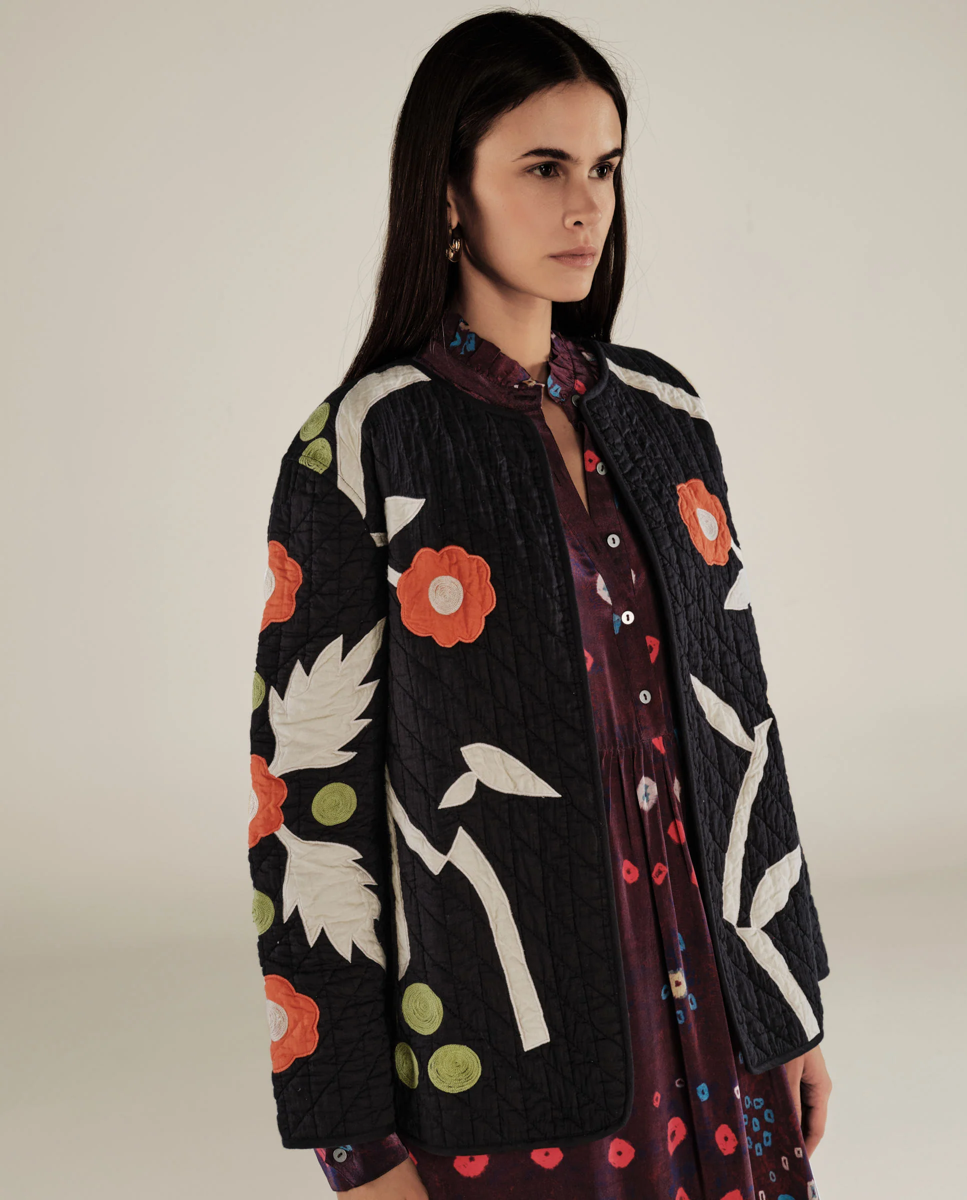BLOSSOM | Black Floral Applique Cotton Jacket - Image 3