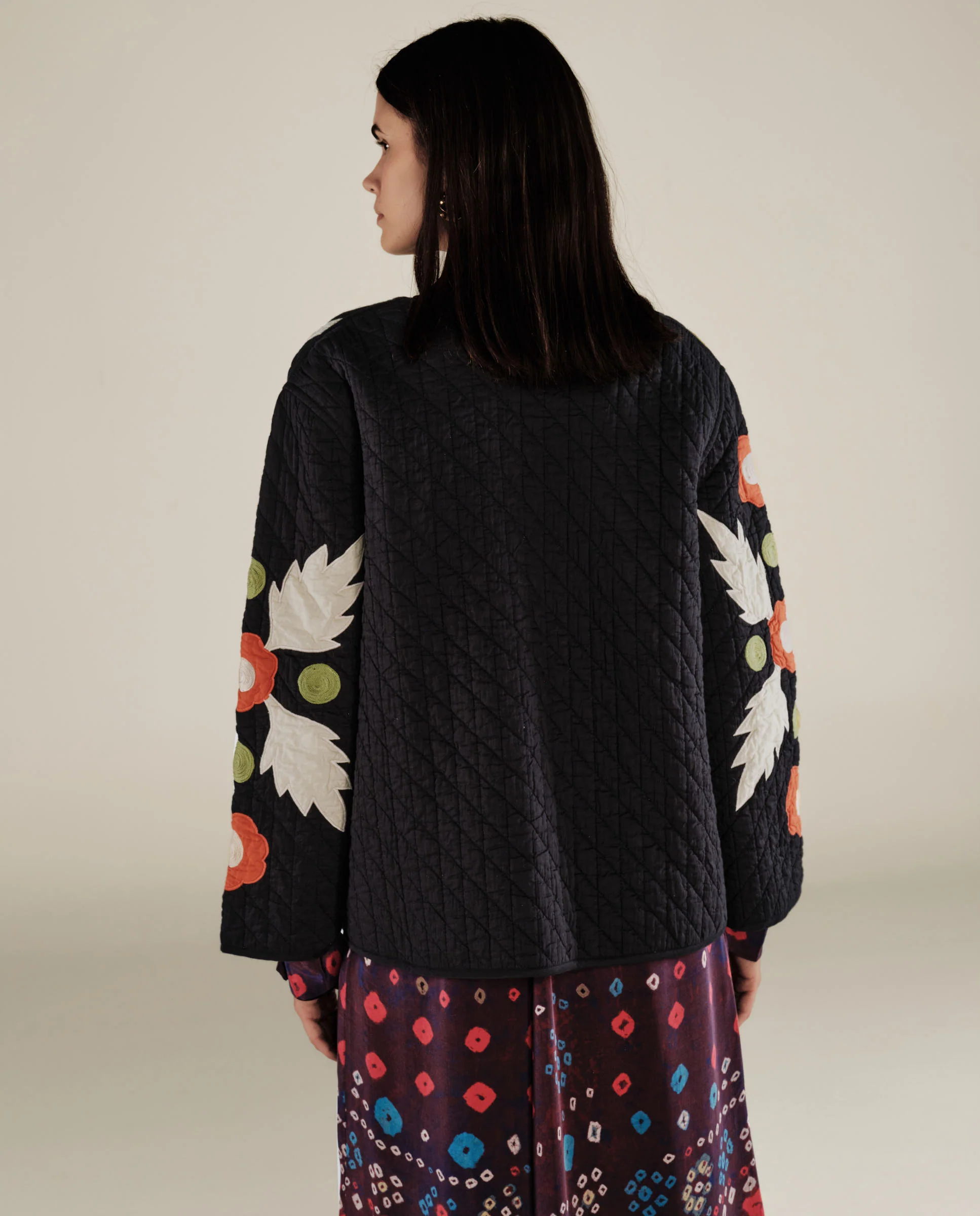 BLOSSOM | Black Floral Applique Cotton Jacket - Image 4