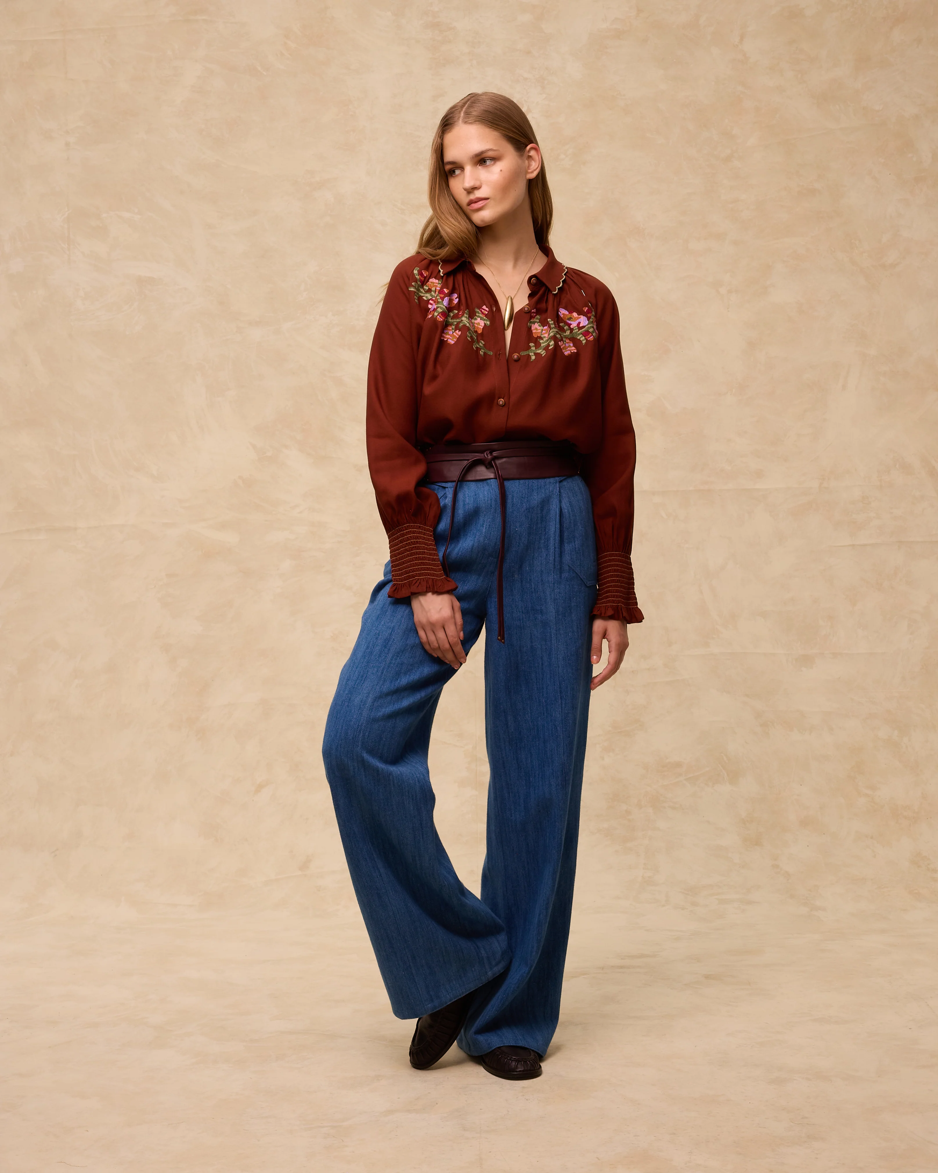 BOTANIC | Chestnut Brown Embroidered Floral Blouse - Image 2