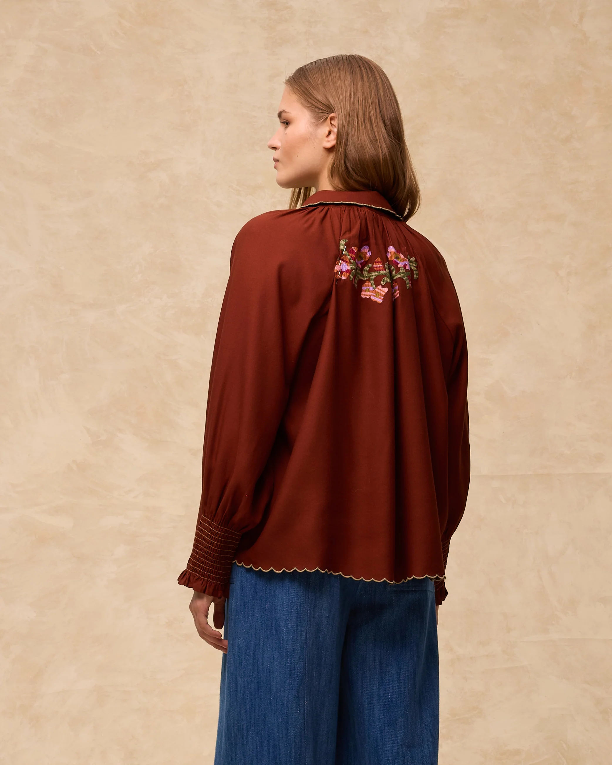 BOTANIC | Chestnut Brown Embroidered Floral Blouse - Image 3