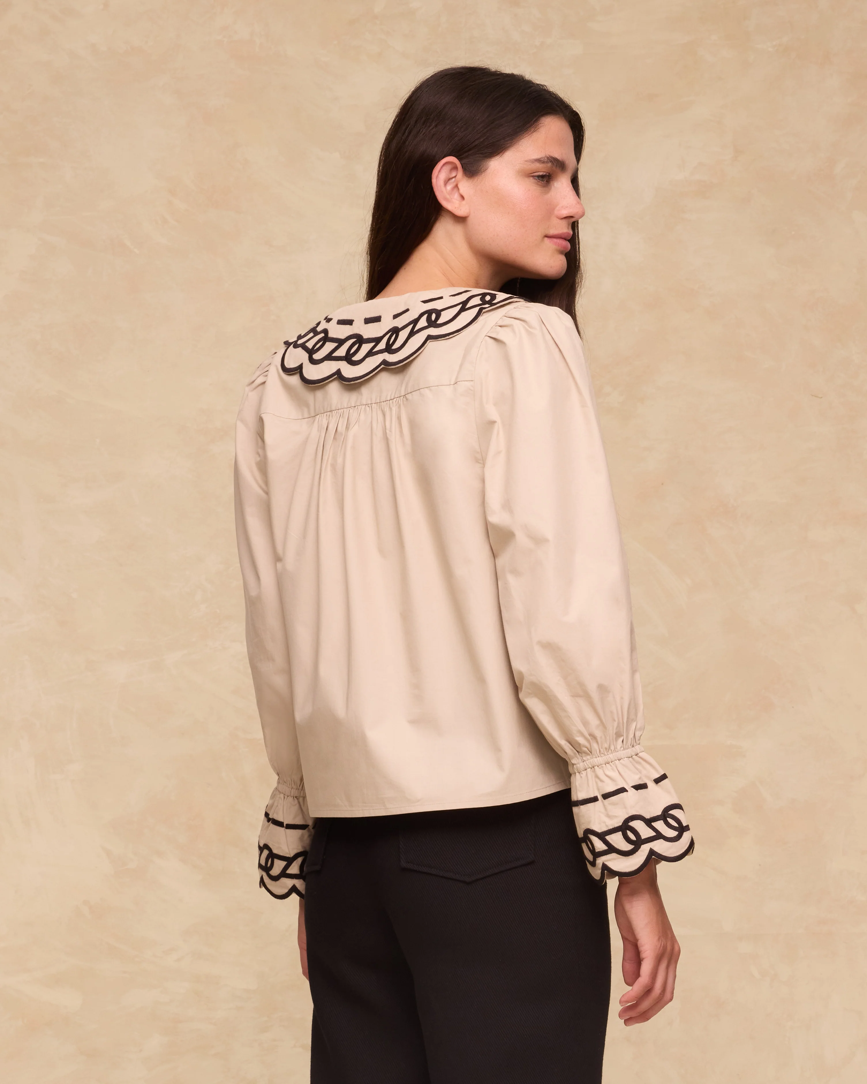 BRUNELLA | Light Camel Embroidered Cotton Blouse - Image 4