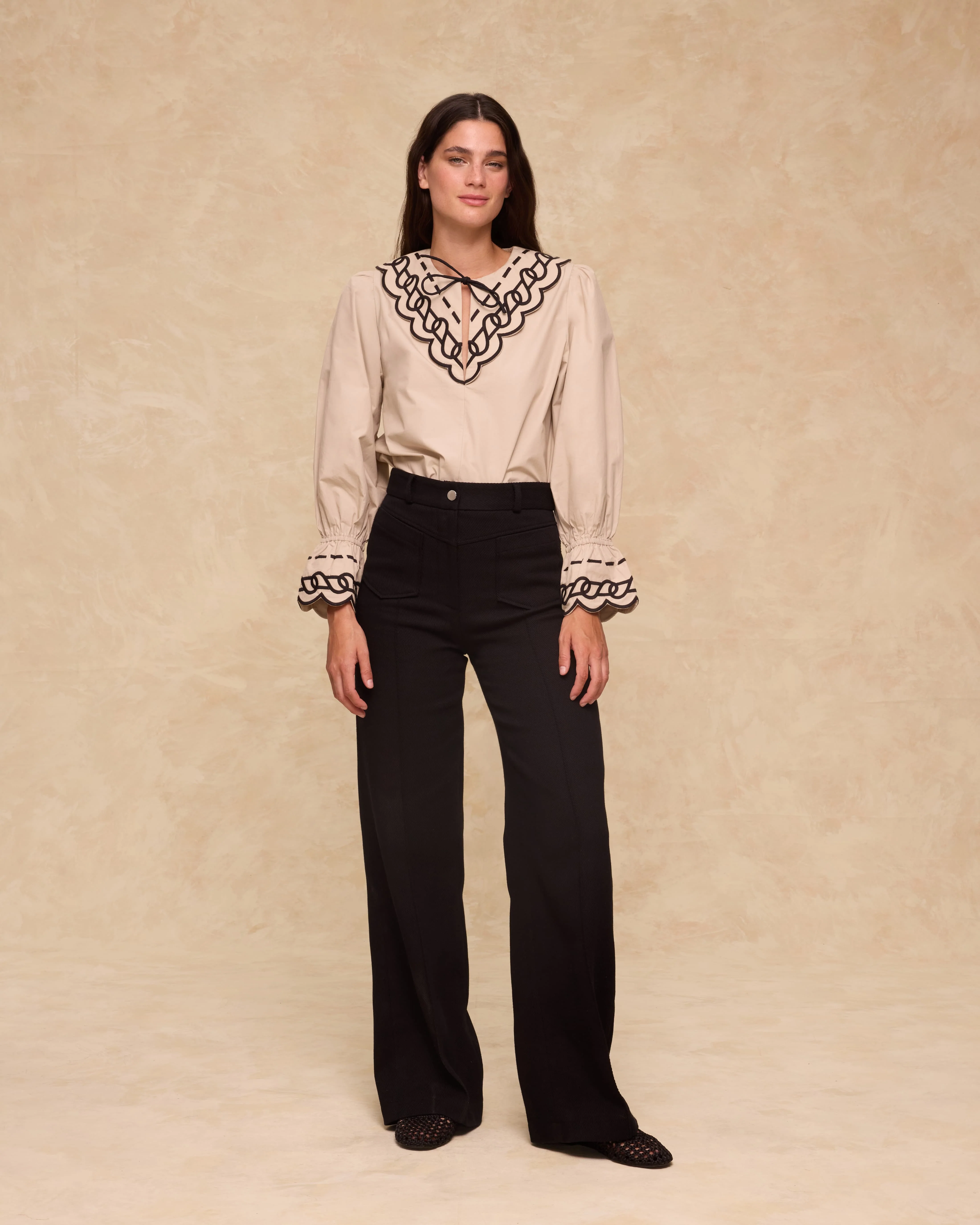 BRUNELLA | Light Camel Embroidered Cotton Blouse - Image 5