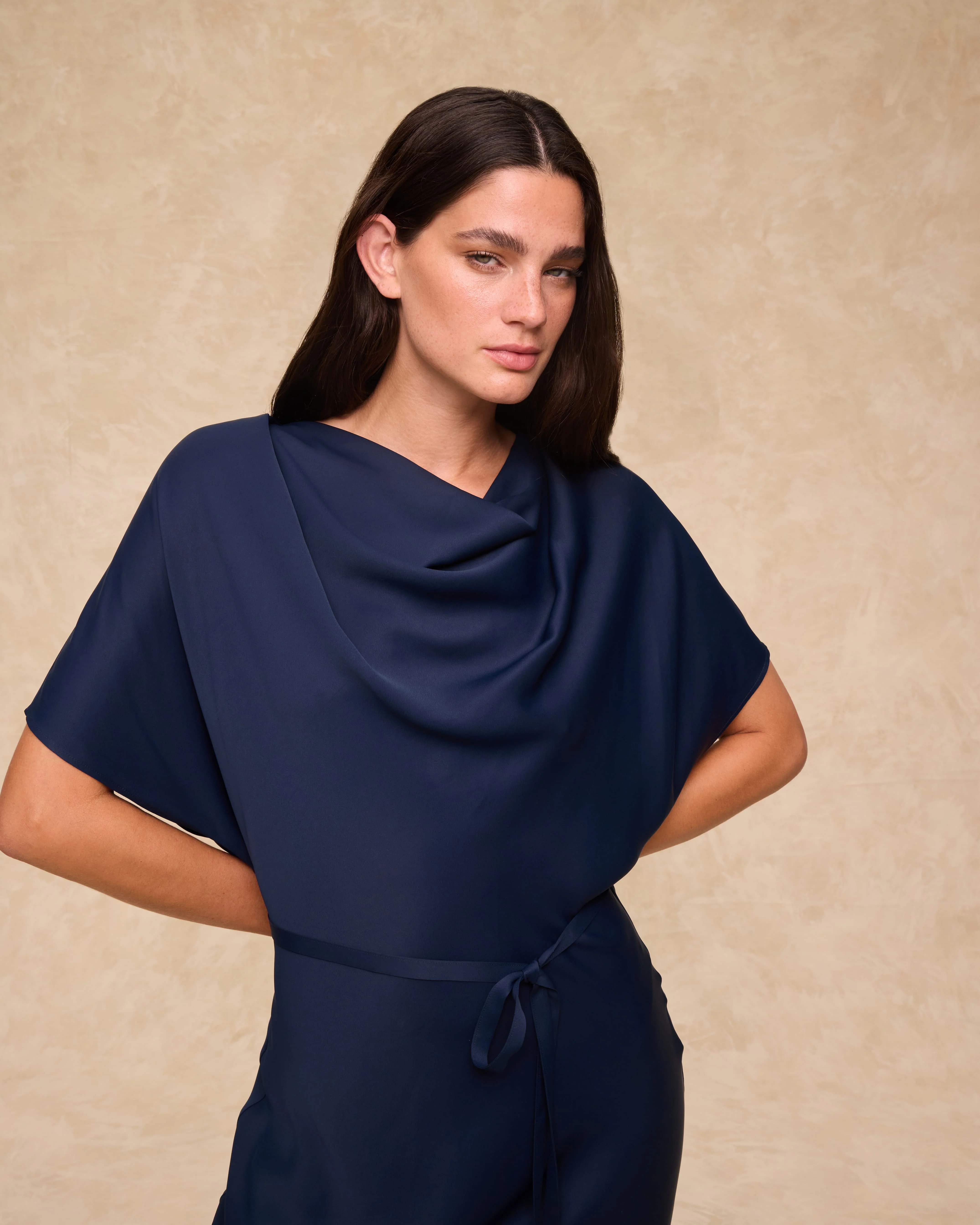 CAPRI | Deep Navy Satin Maxi Dress - Image 3
