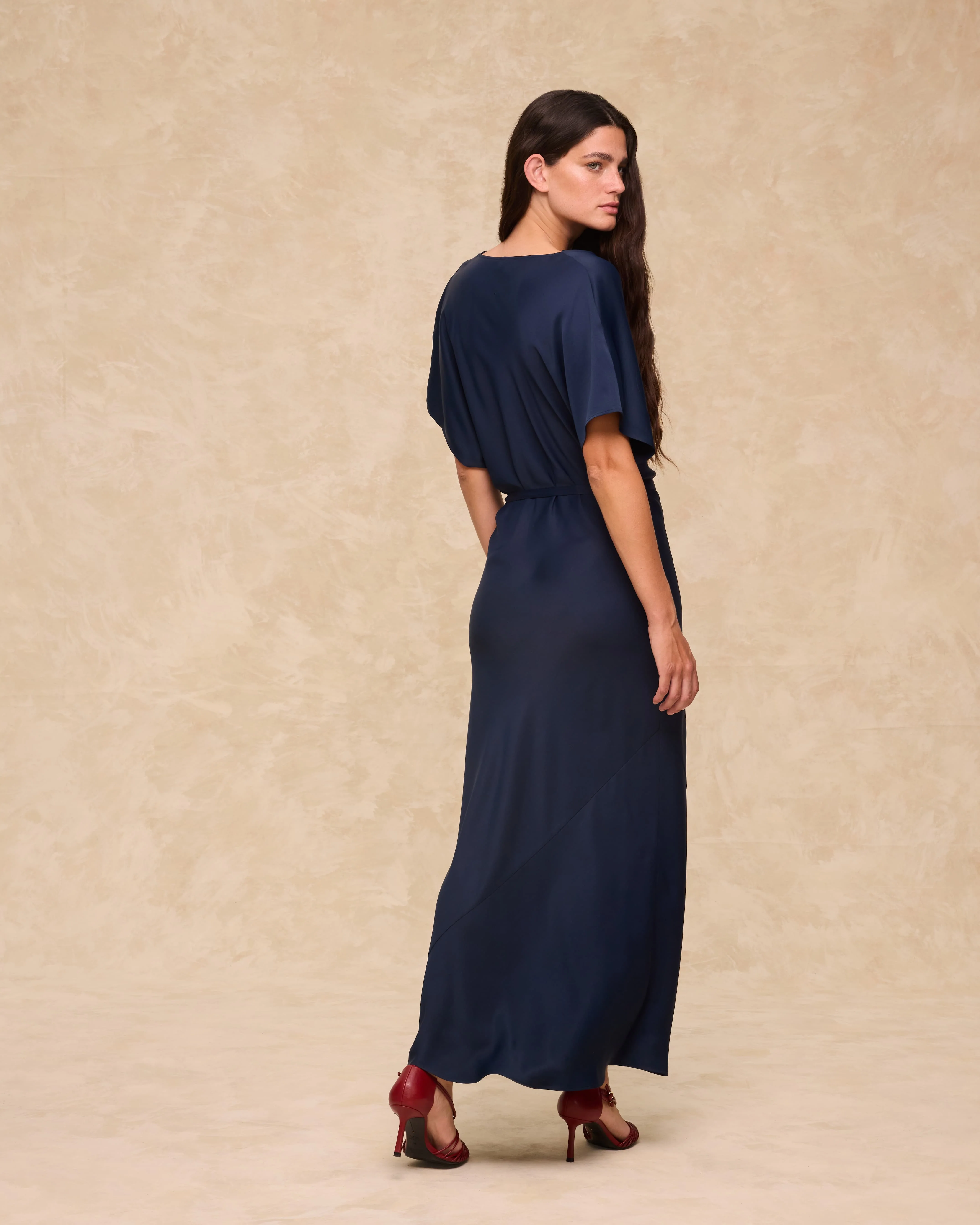 CAPRI | Deep Navy Satin Maxi Dress - Image 4