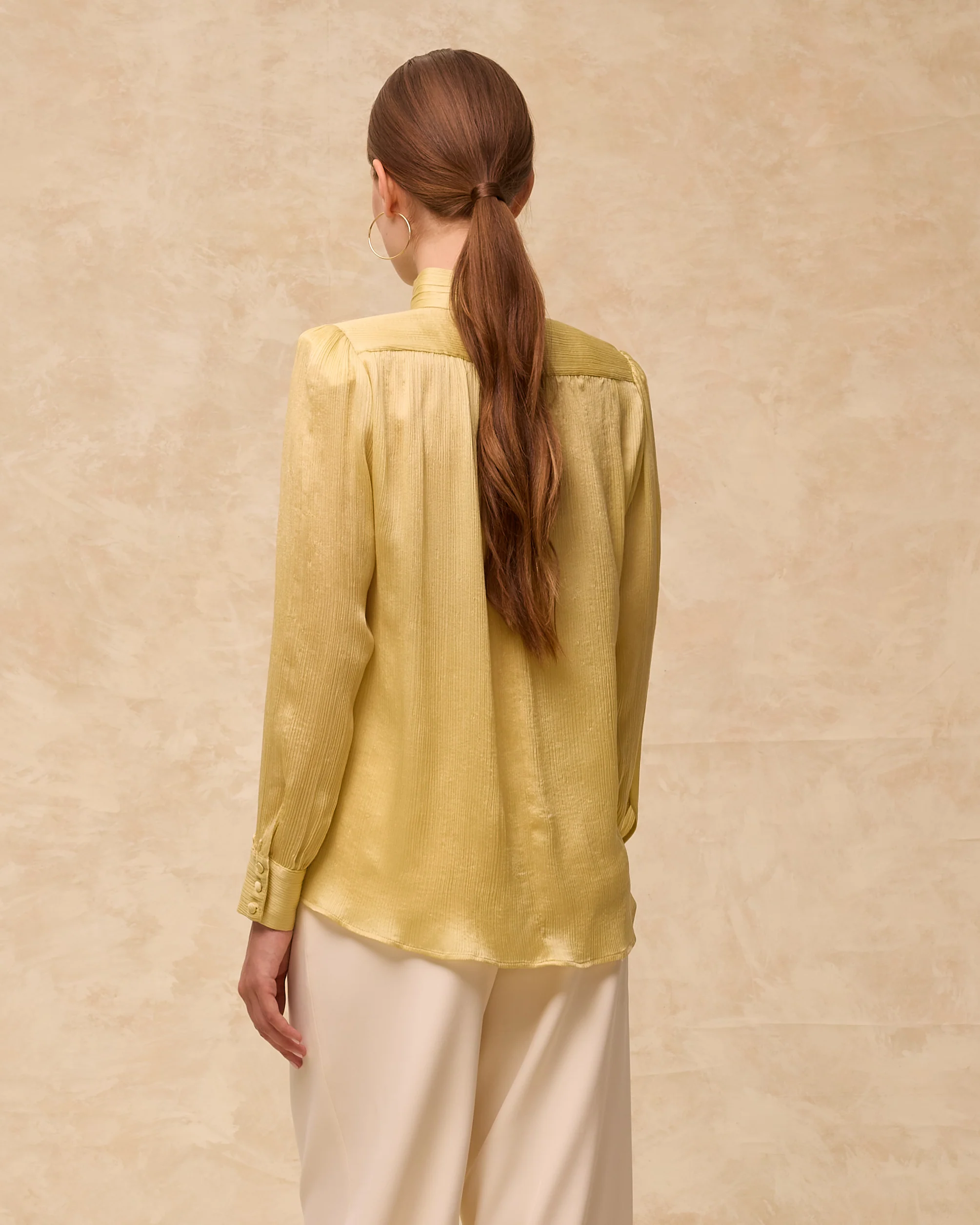 CAROL | Pale Chartreuse Pleated Silk Blouse - Image 3
