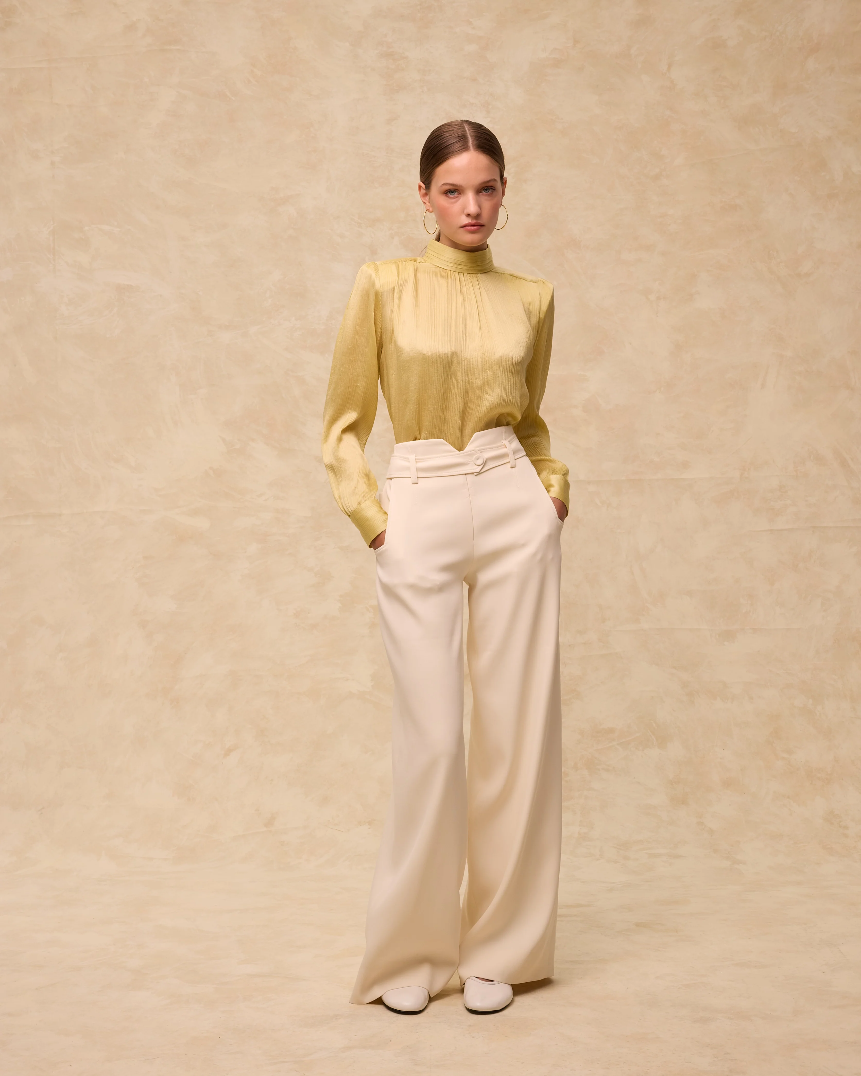 CAROL | Pale Chartreuse Pleated Silk Blouse - Image 4