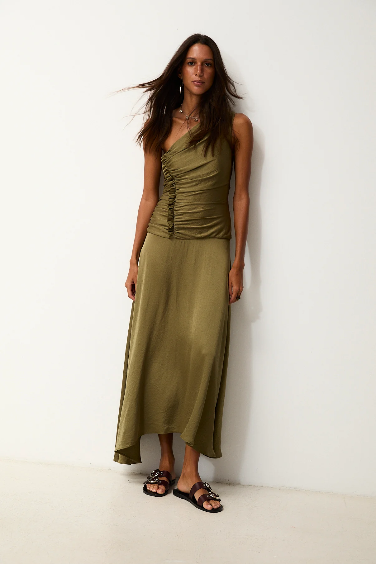 CELIA | One-Shoulder Khaki Midi Dress - Image 3
