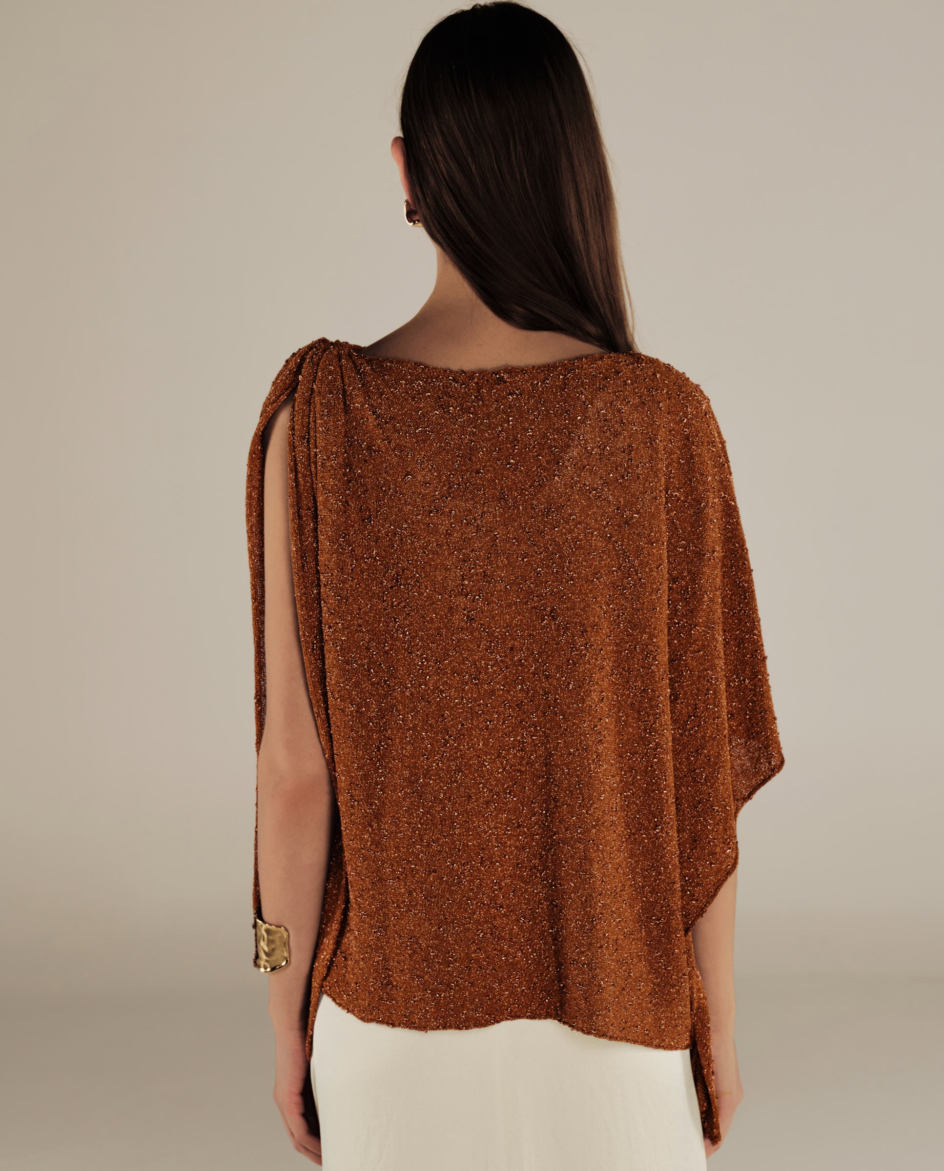 CLIVIA | Metallic Ochre Asymmetric Knitted Cape - Image 4