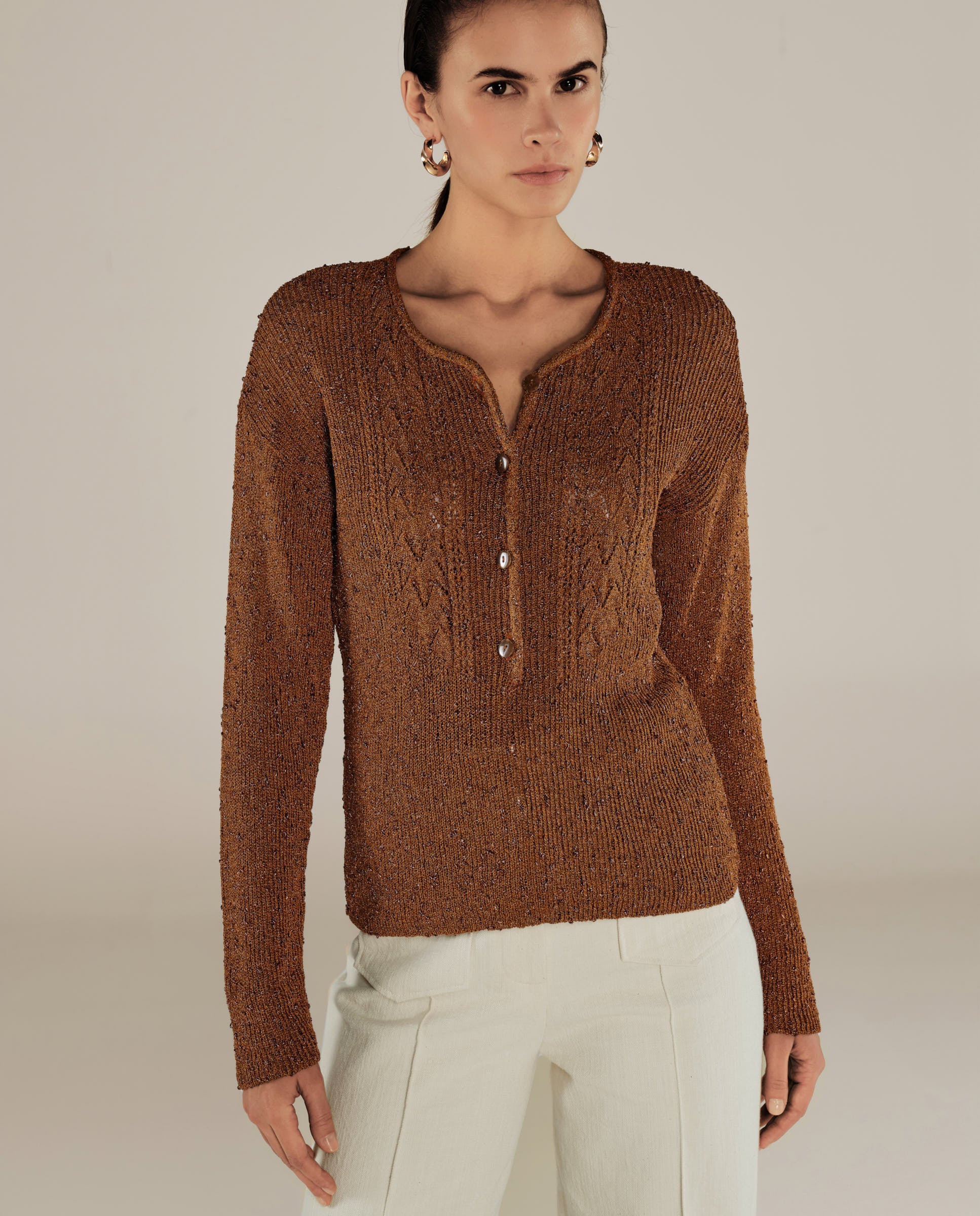 CLIVIA | Ochre Sparkle Button Sweater - Image 2