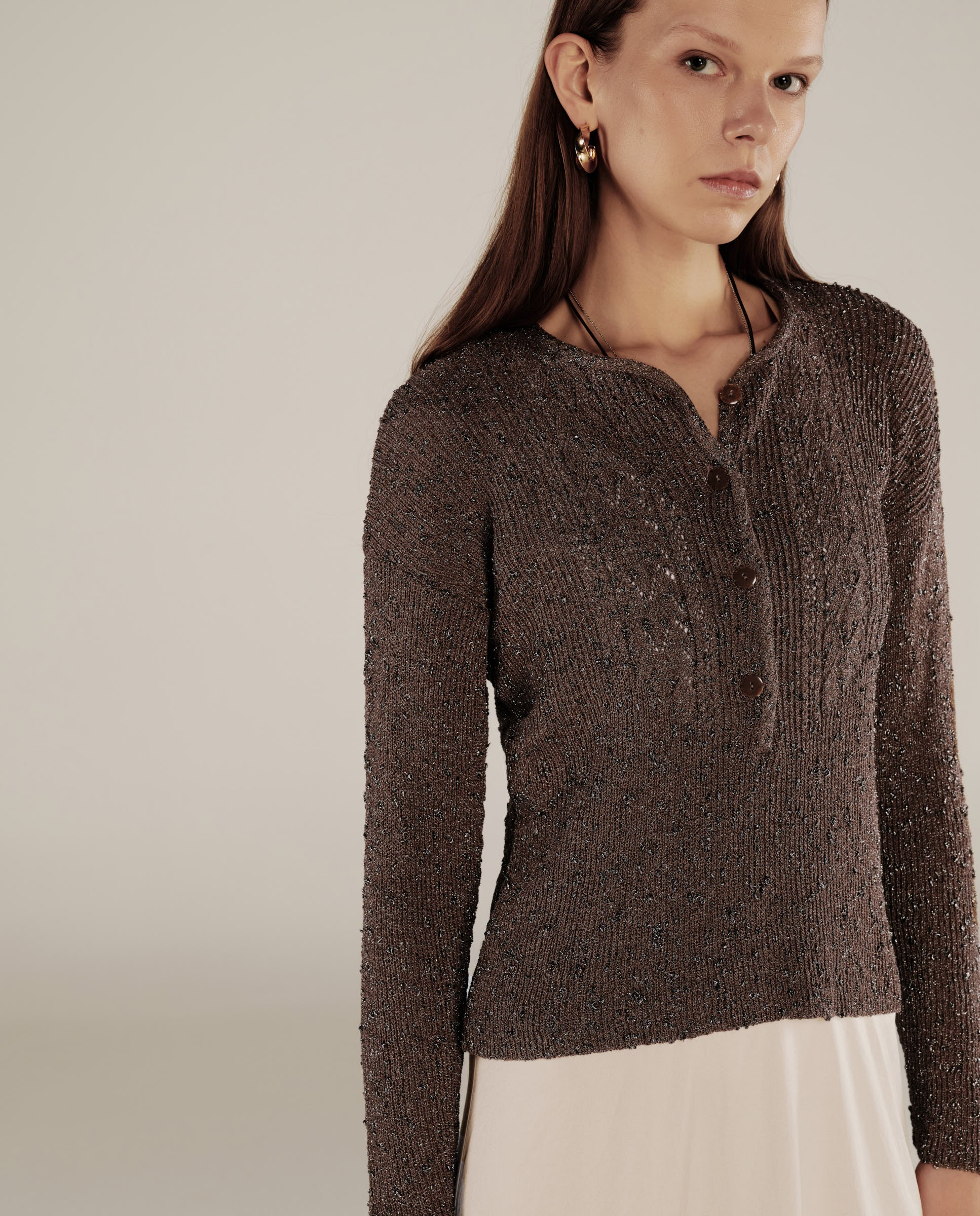 CLIVIA | Taupe Sparkle Button Sweater - Image 2