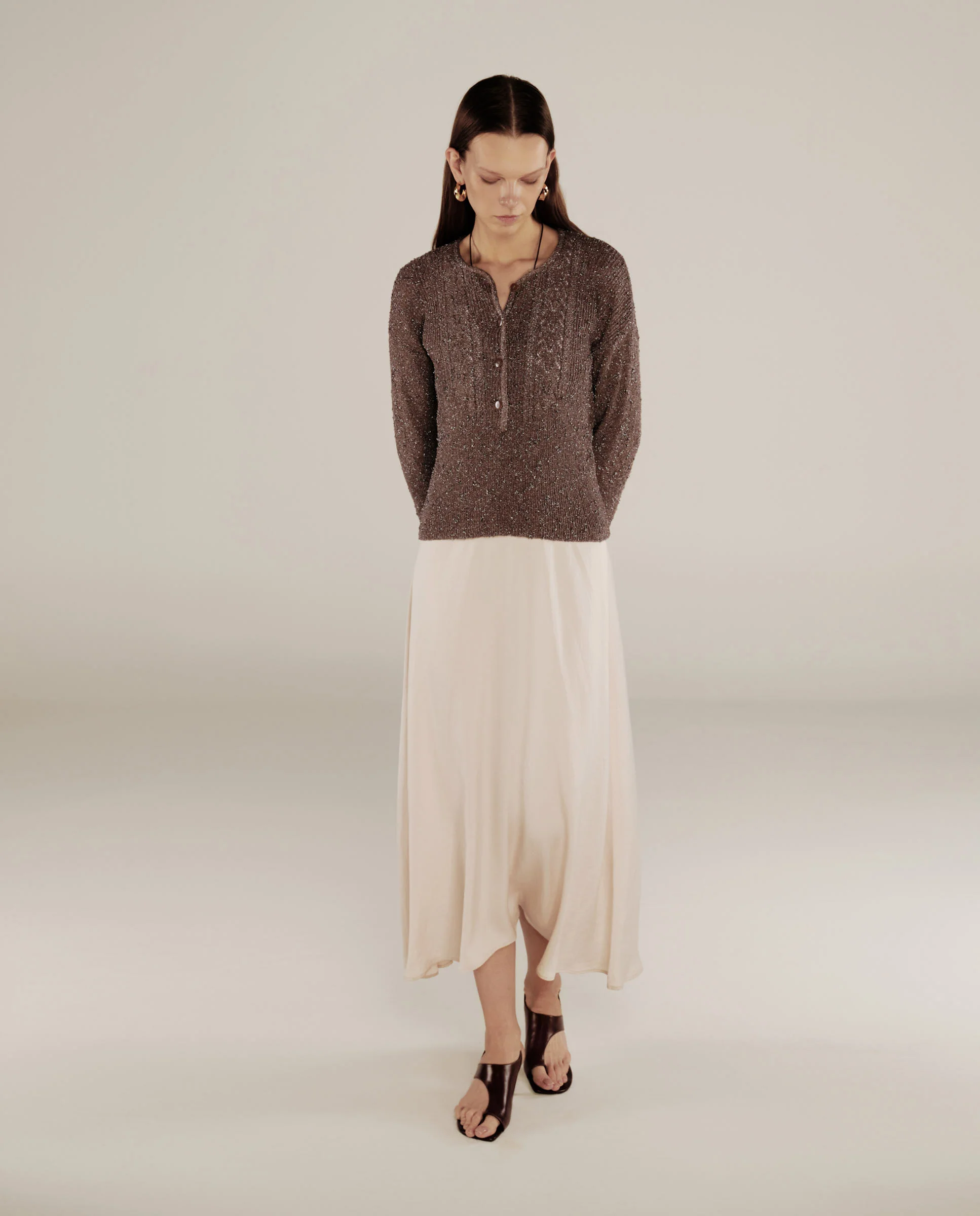 CLIVIA | Taupe Sparkle Button Sweater - Image 3
