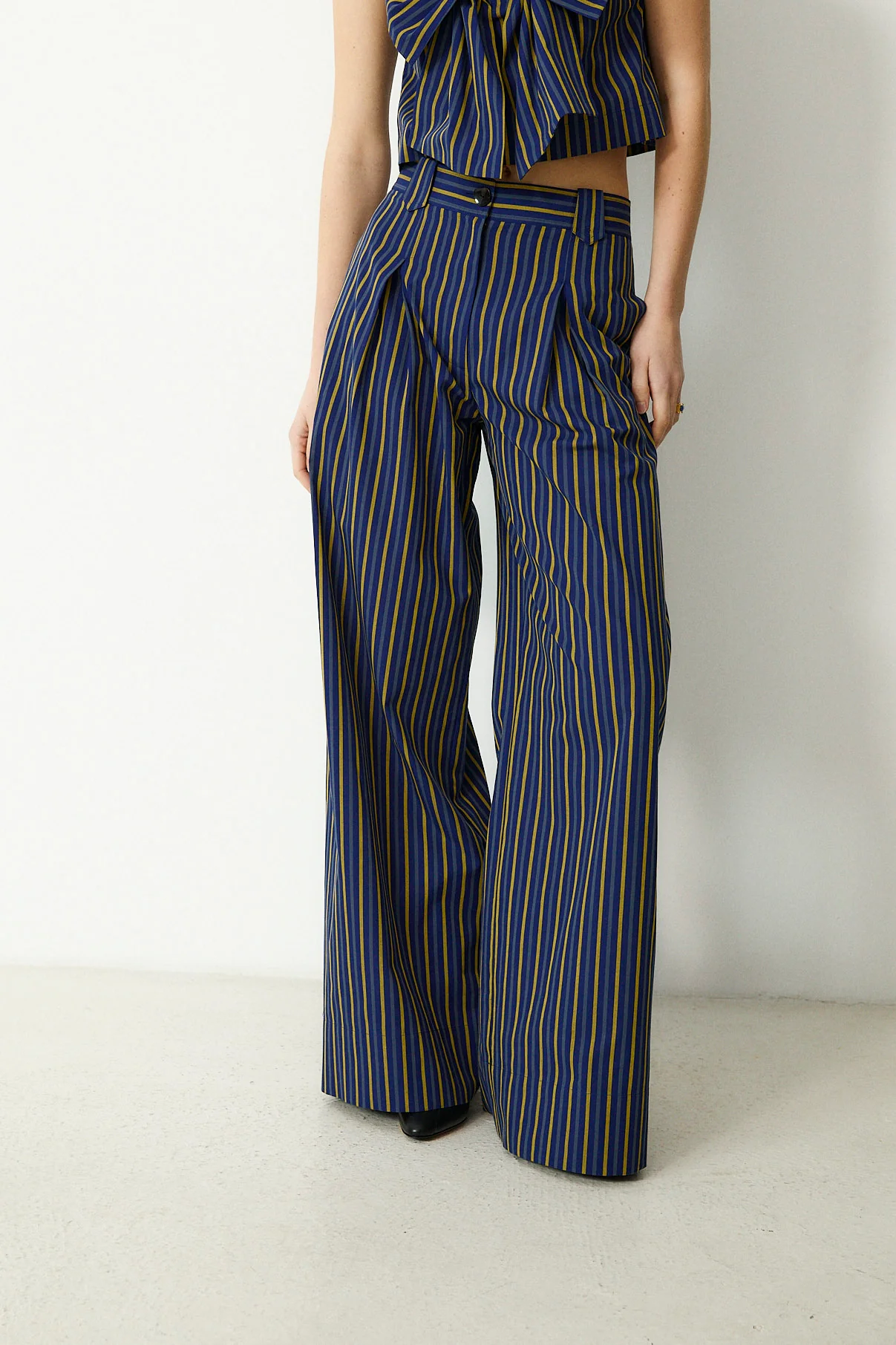 DARIA | Blue Striped Cotton Wide Leg Trousers - Image 2