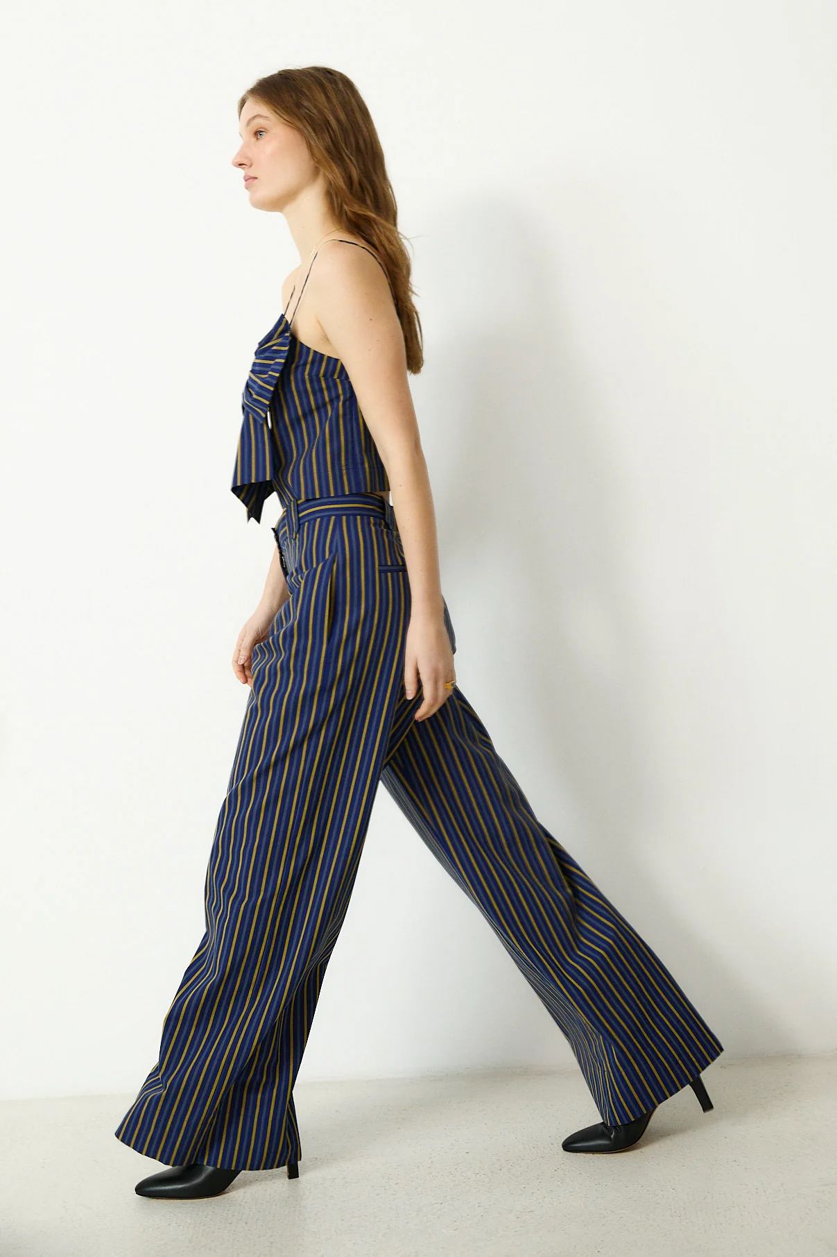DARIA | Blue Striped Cotton Wide Leg Trousers - Image 3