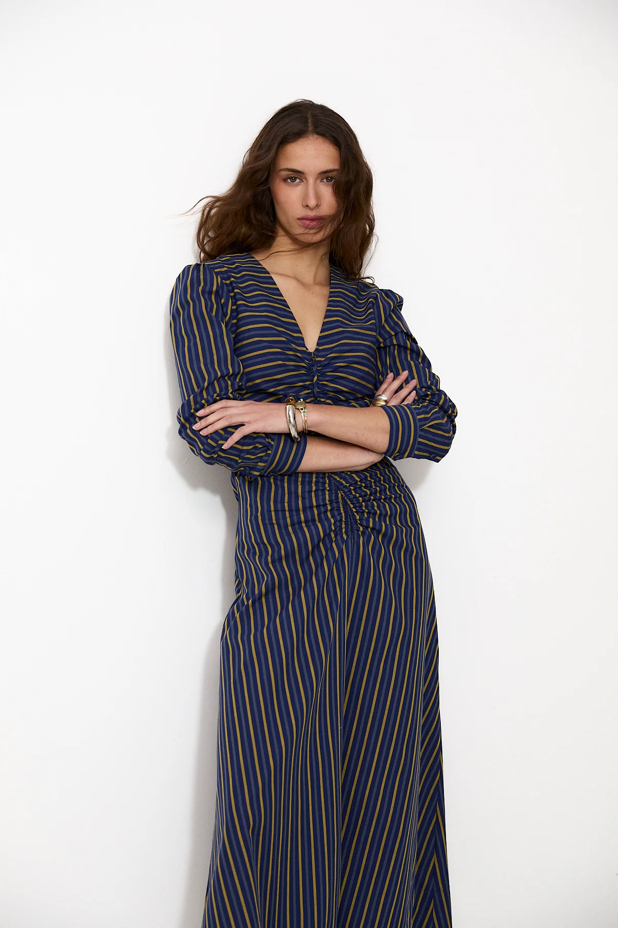 DARIA | Blue and yellow striped midi dress - Image 2