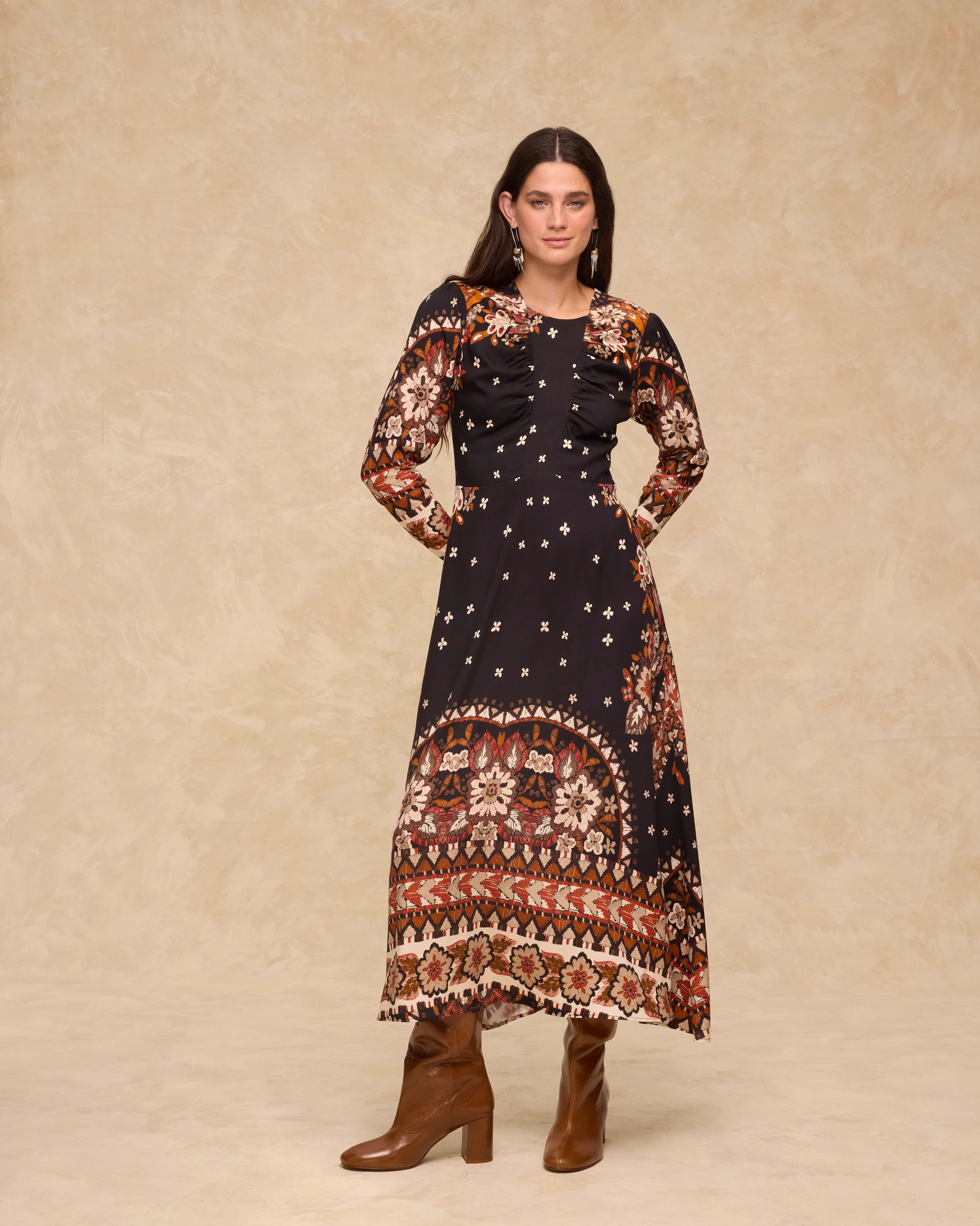 DELPHINE | Black Paisley Floral Print Midi Dress - Image 2