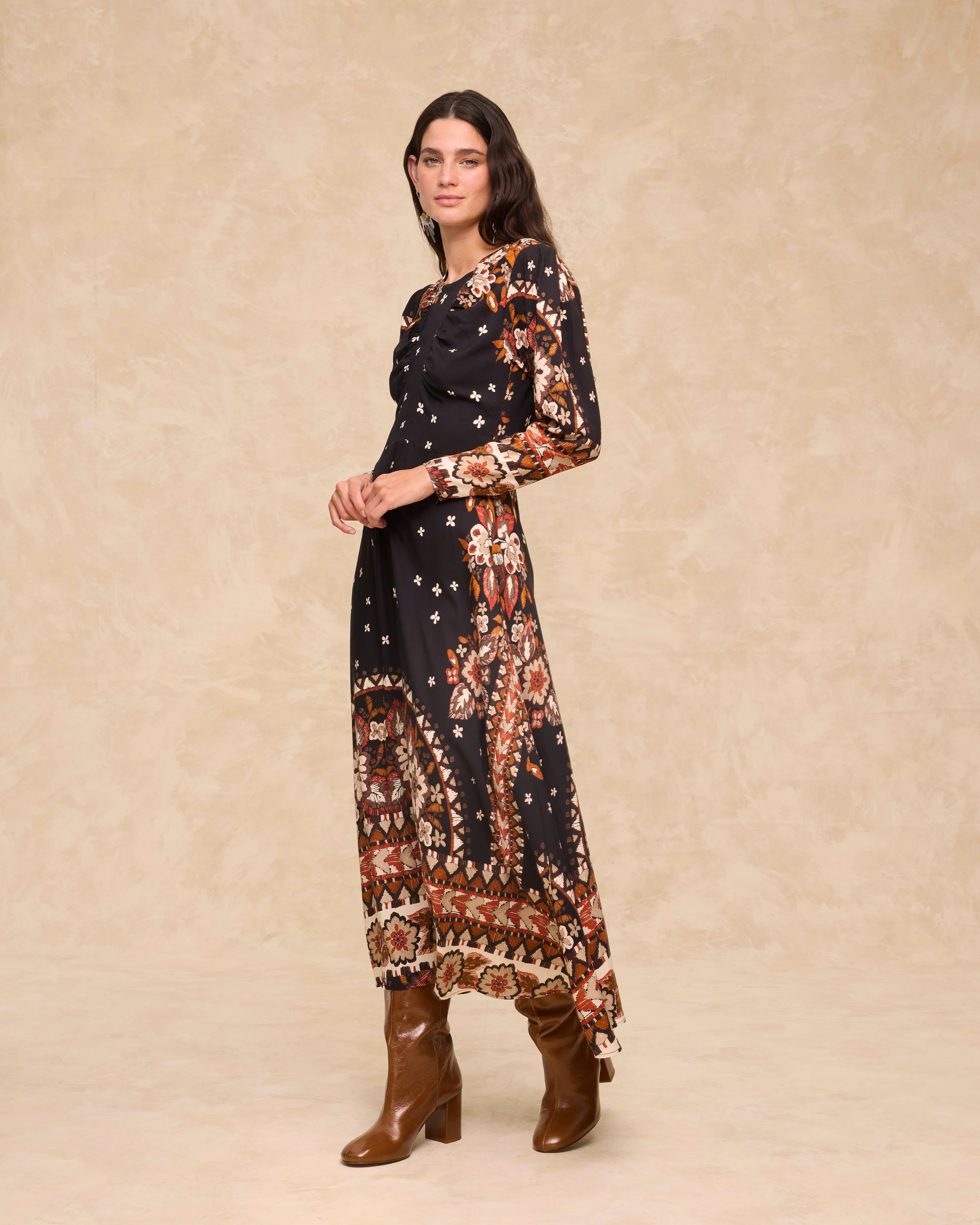 DELPHINE | Black Paisley Floral Print Midi Dress - Image 3