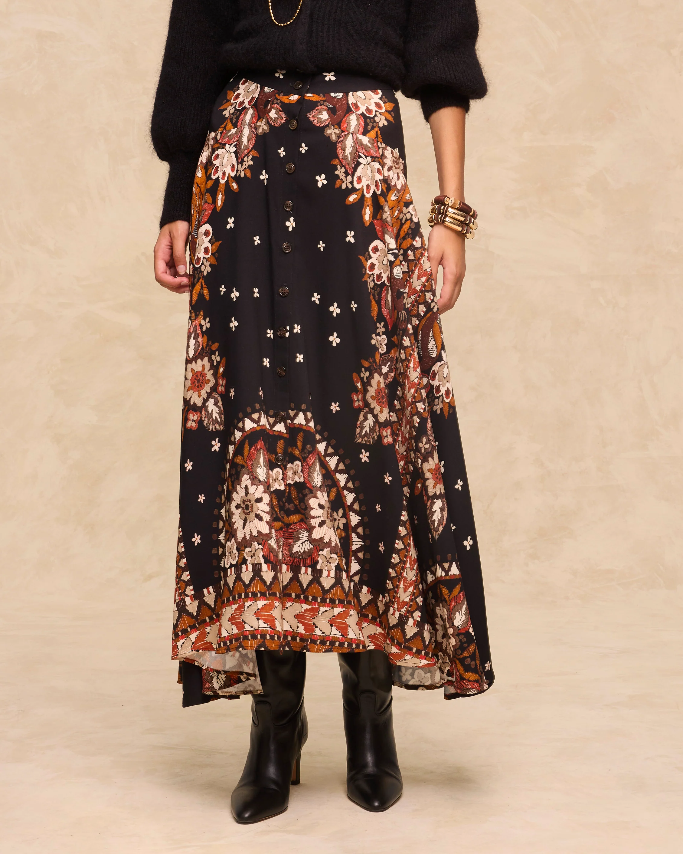 DELPHINE | Black Paisley Floral Print Midi Skirt - Image 2