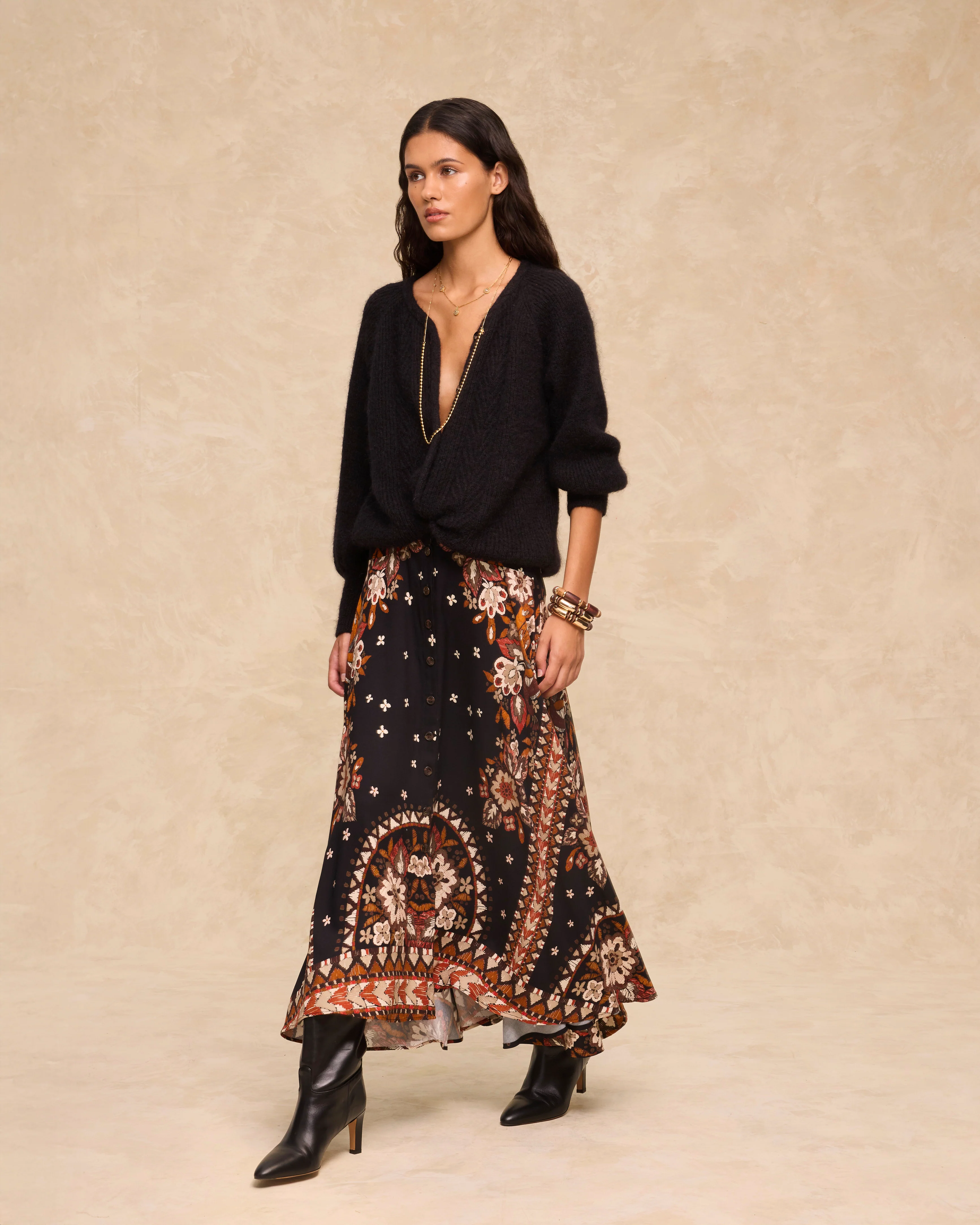DELPHINE | Black Paisley Floral Print Midi Skirt - Image 3