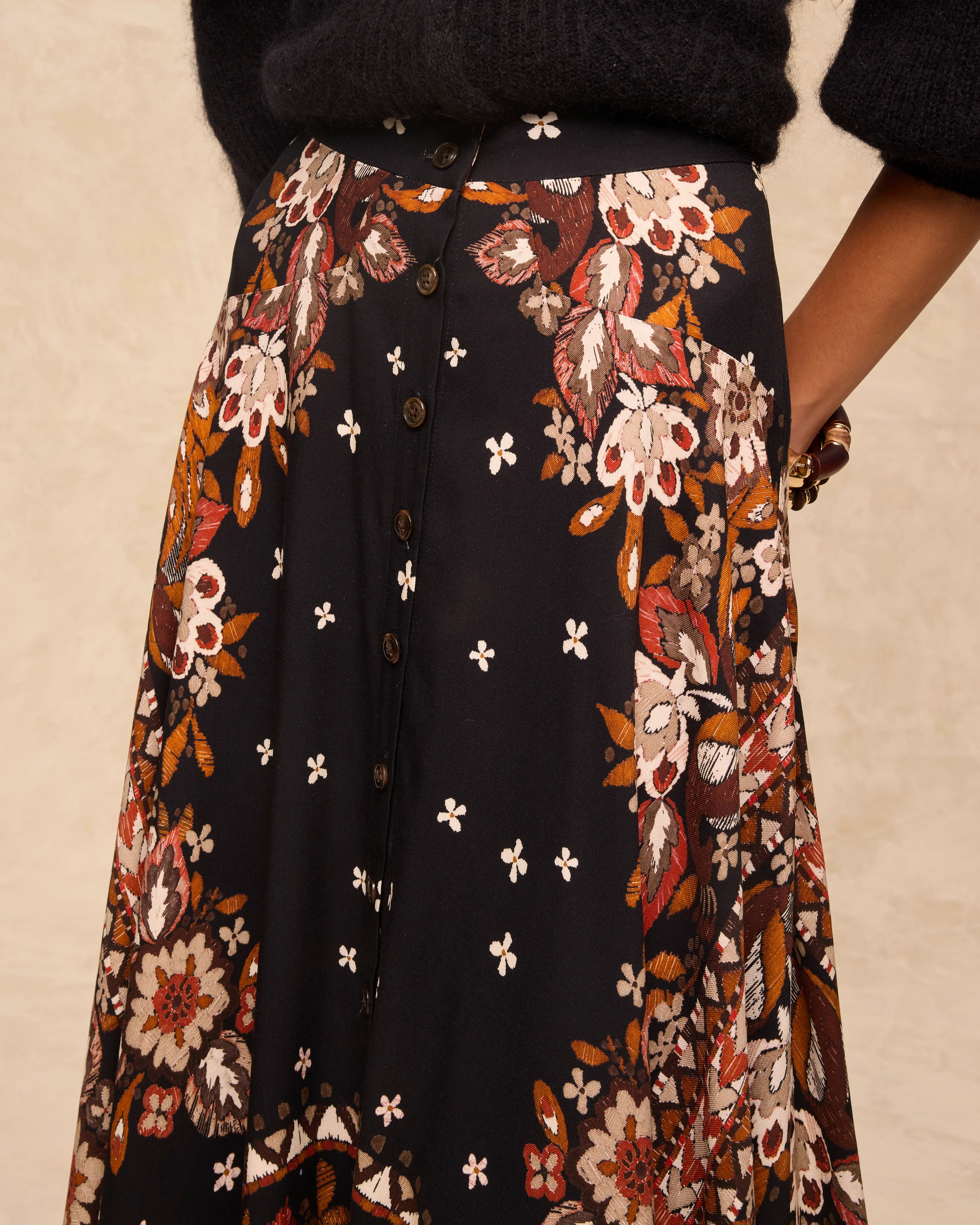 DELPHINE | Black Paisley Floral Print Midi Skirt - Image 4