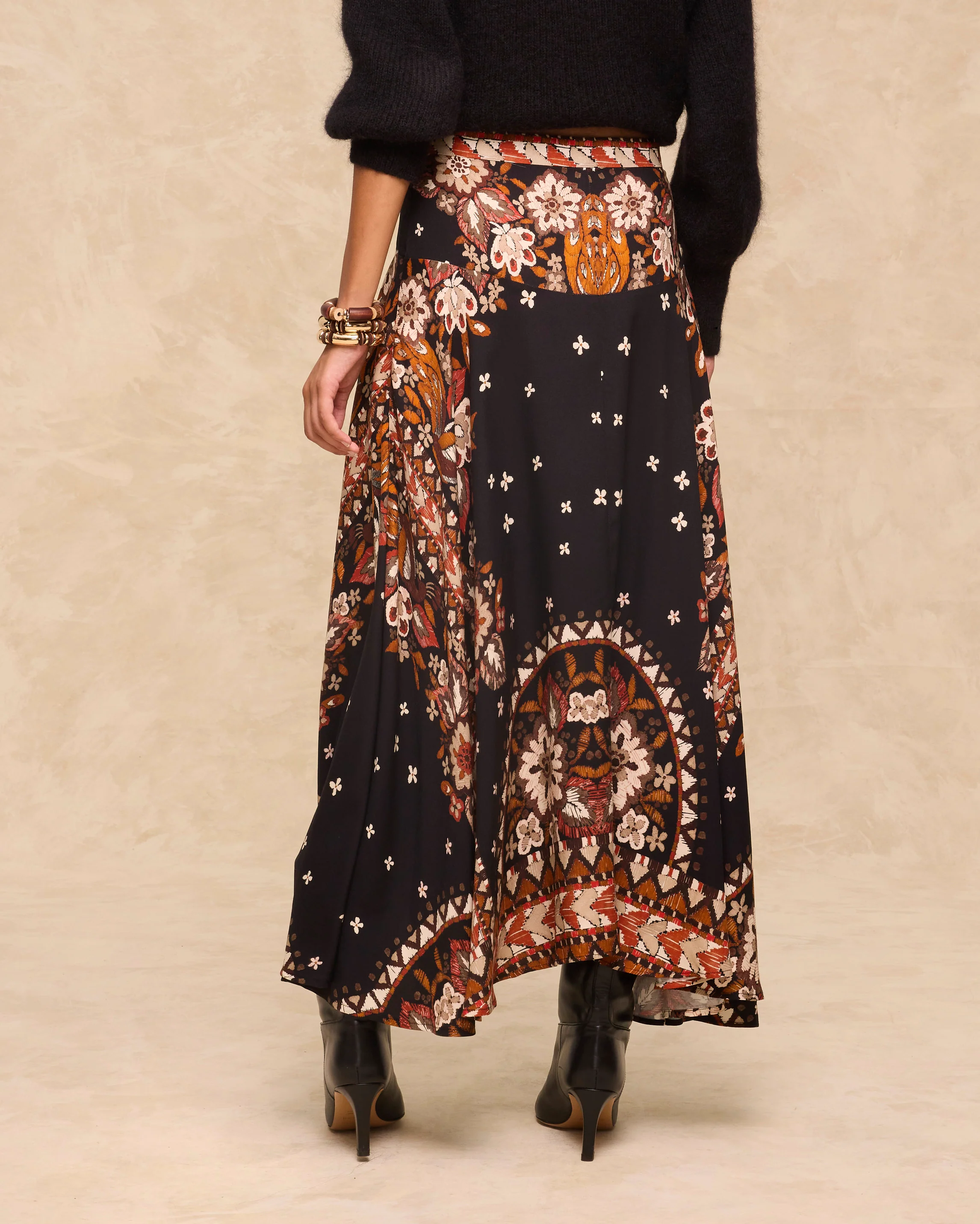 DELPHINE | Black Paisley Floral Print Midi Skirt - Image 5