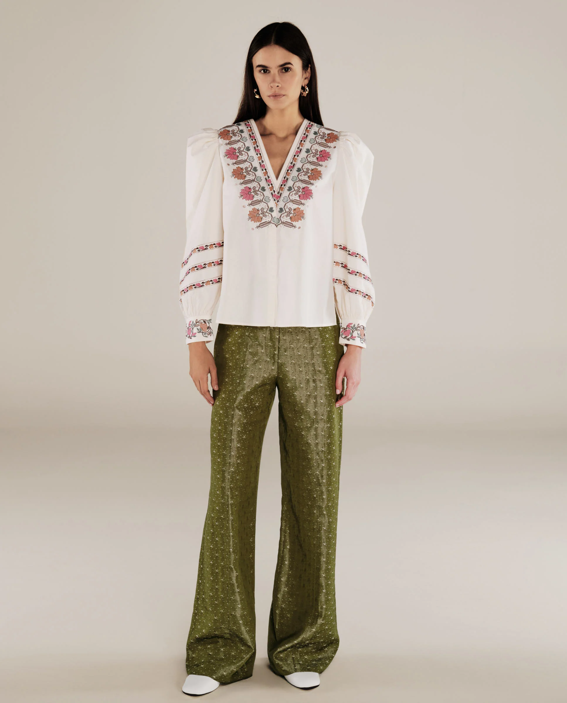 DEVIKA | Cream Flower Embroidery Cotton Blouse - Image 3