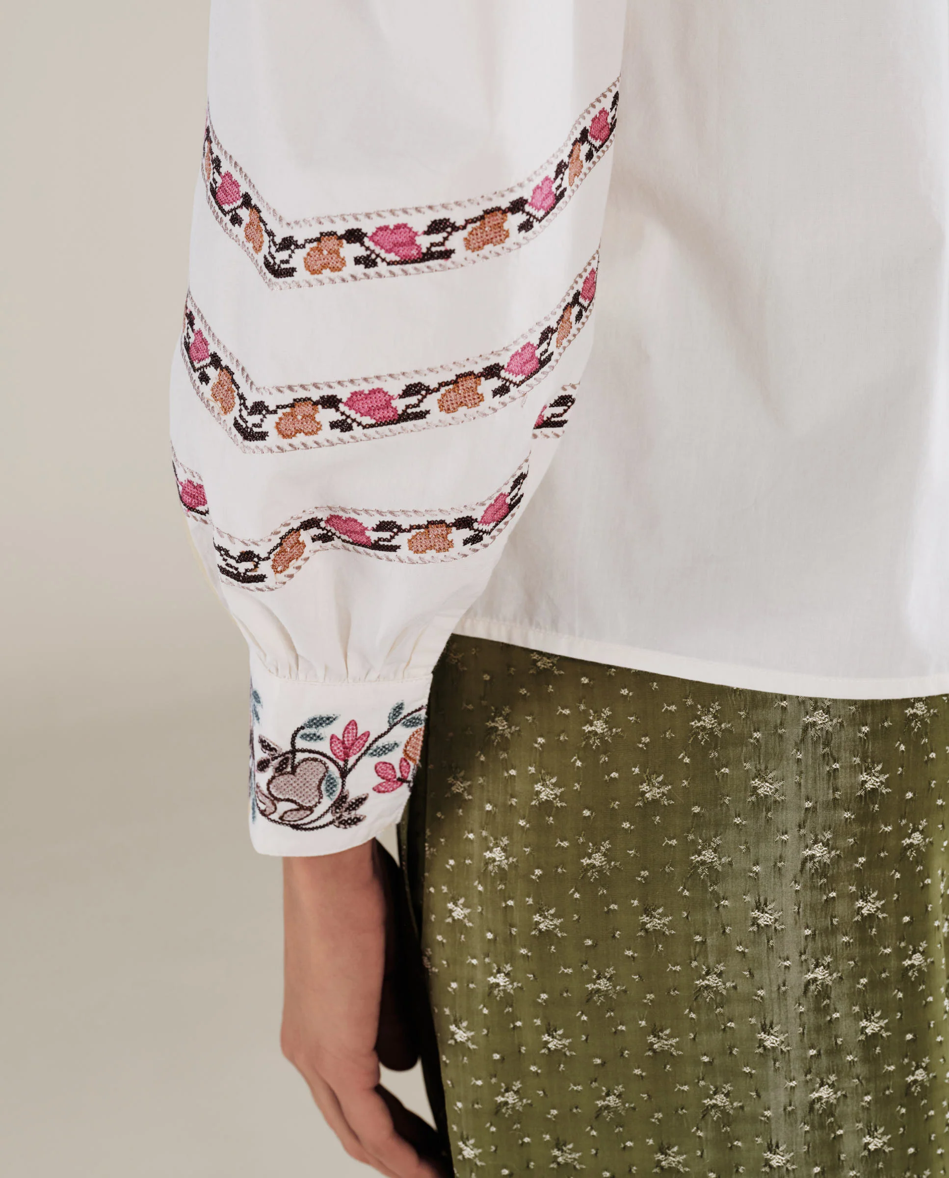 DEVIKA | Cream Flower Embroidery Cotton Blouse - Image 5