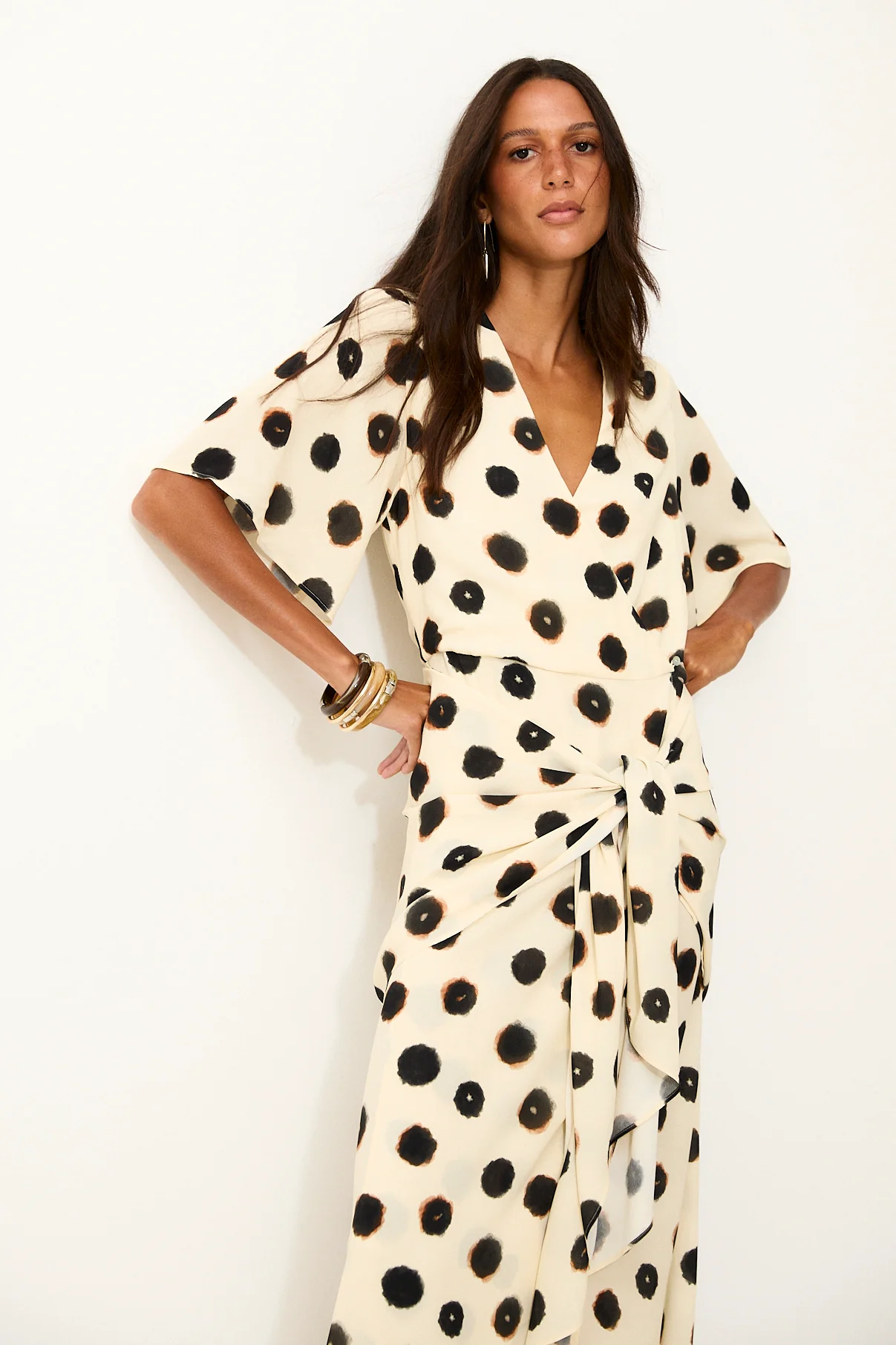 DOTTY | Ecru Ink Spot Wrap Long Dress - Image 4