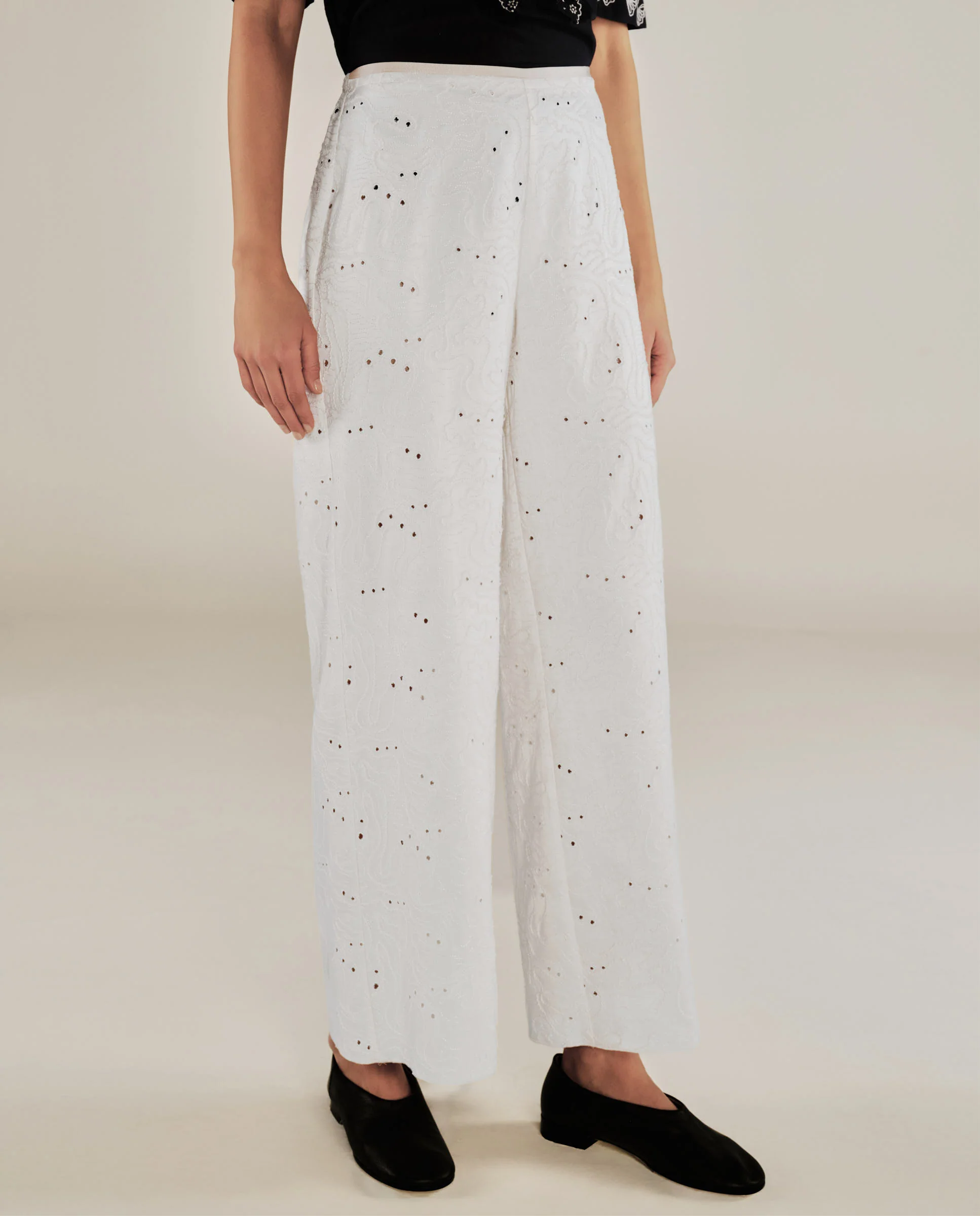 ELODIE | Ecru Embroidered Wide Leg Trousers - Image 2